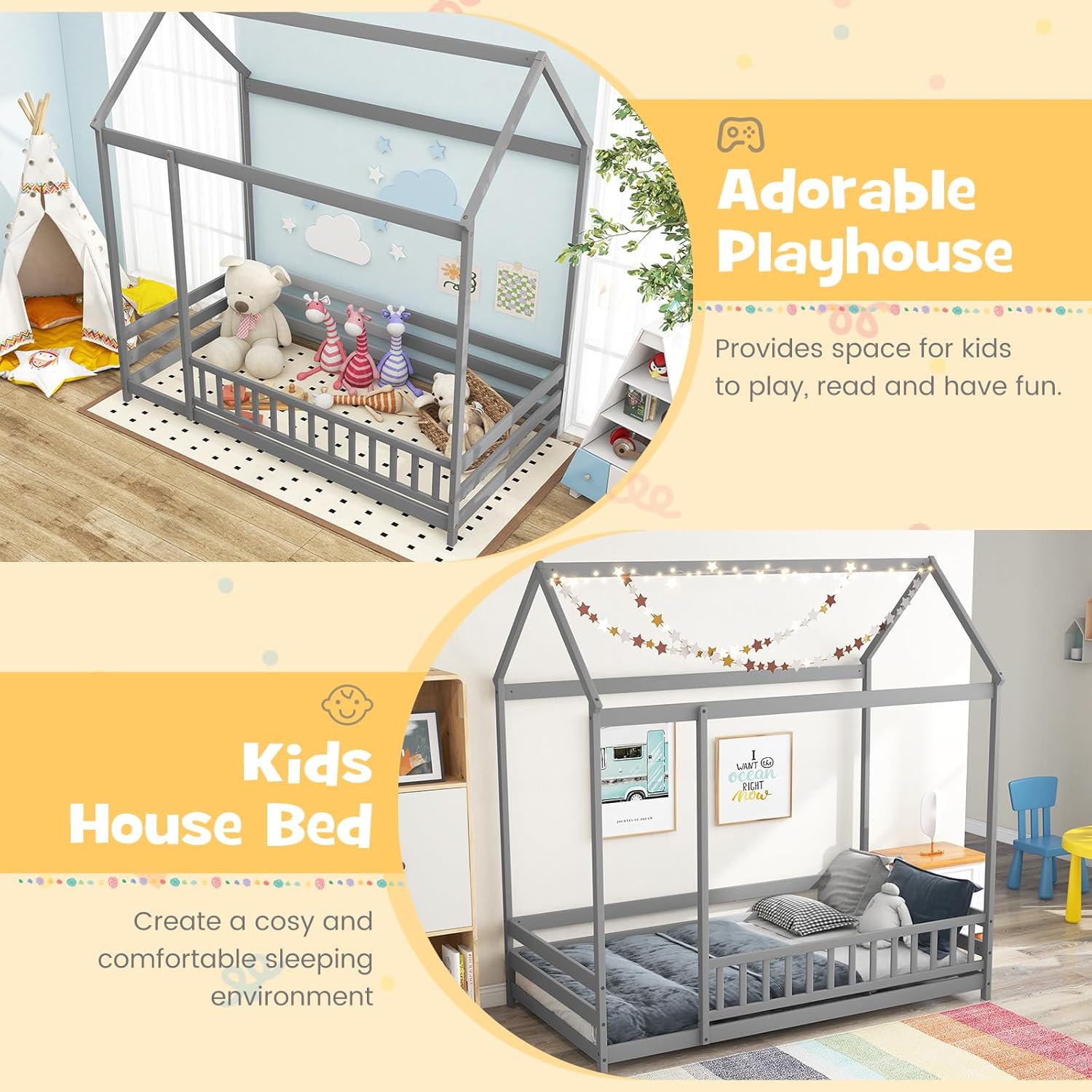 GORELAX Twin House Bed, Montessori Floor Bed, Floor Kid House Bed with Fence, No Box Spring Needed, Wood Twin Size Platform Bed Frame for Boys, Girls (Grey)