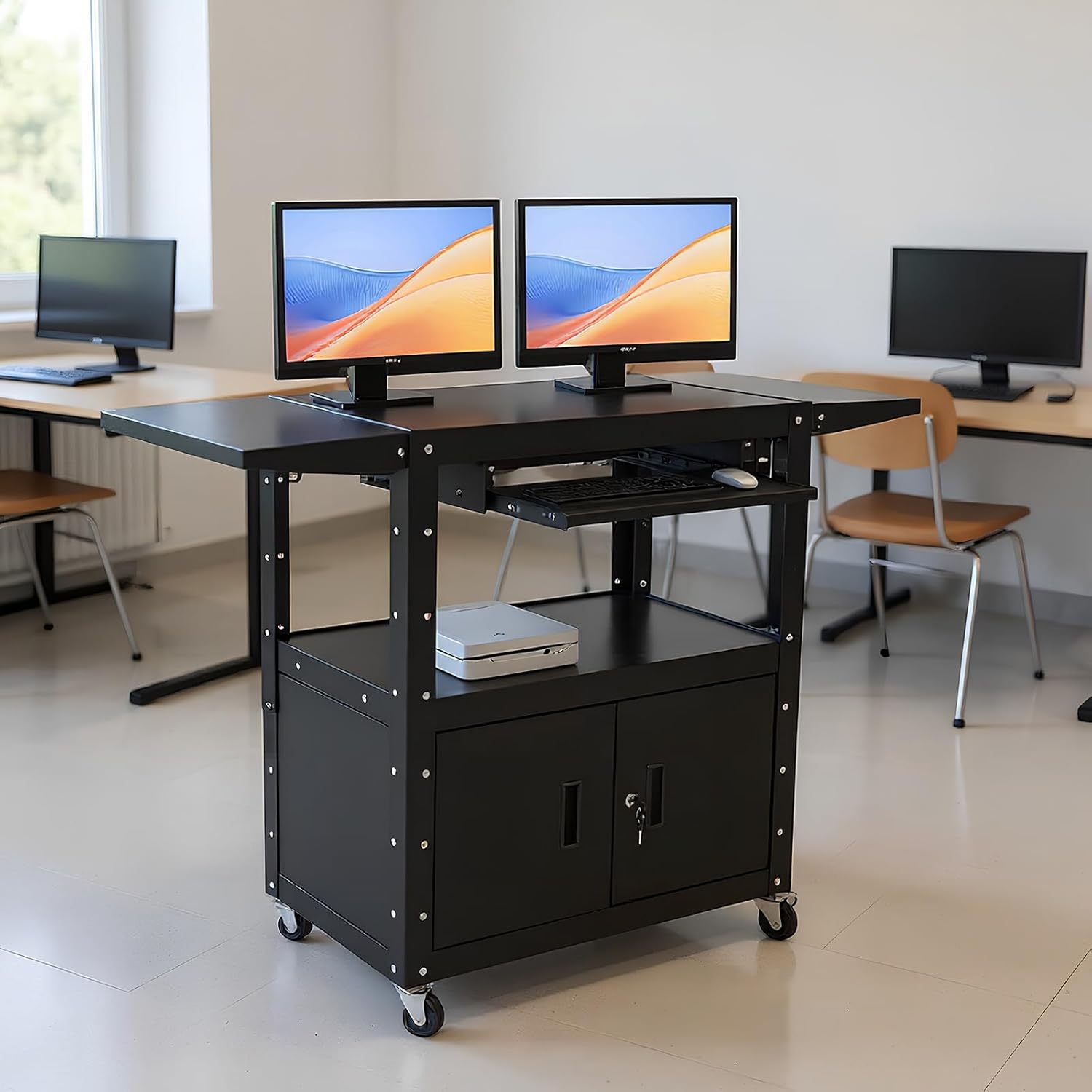 Mobile AV Cart with Locking Cabinet Projector Cart with Pullout Keyboard Tray & Cord Management for Computer Laptop Projector Printer