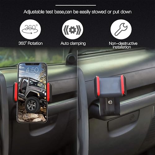 Miniatura 7 de JeCar Soporte multifuncional para teléfono JK, teléfono 2 en 1 y soporte Walkie Talkie para Jeep Wrangler 2007-2010 JK JKU, rojo