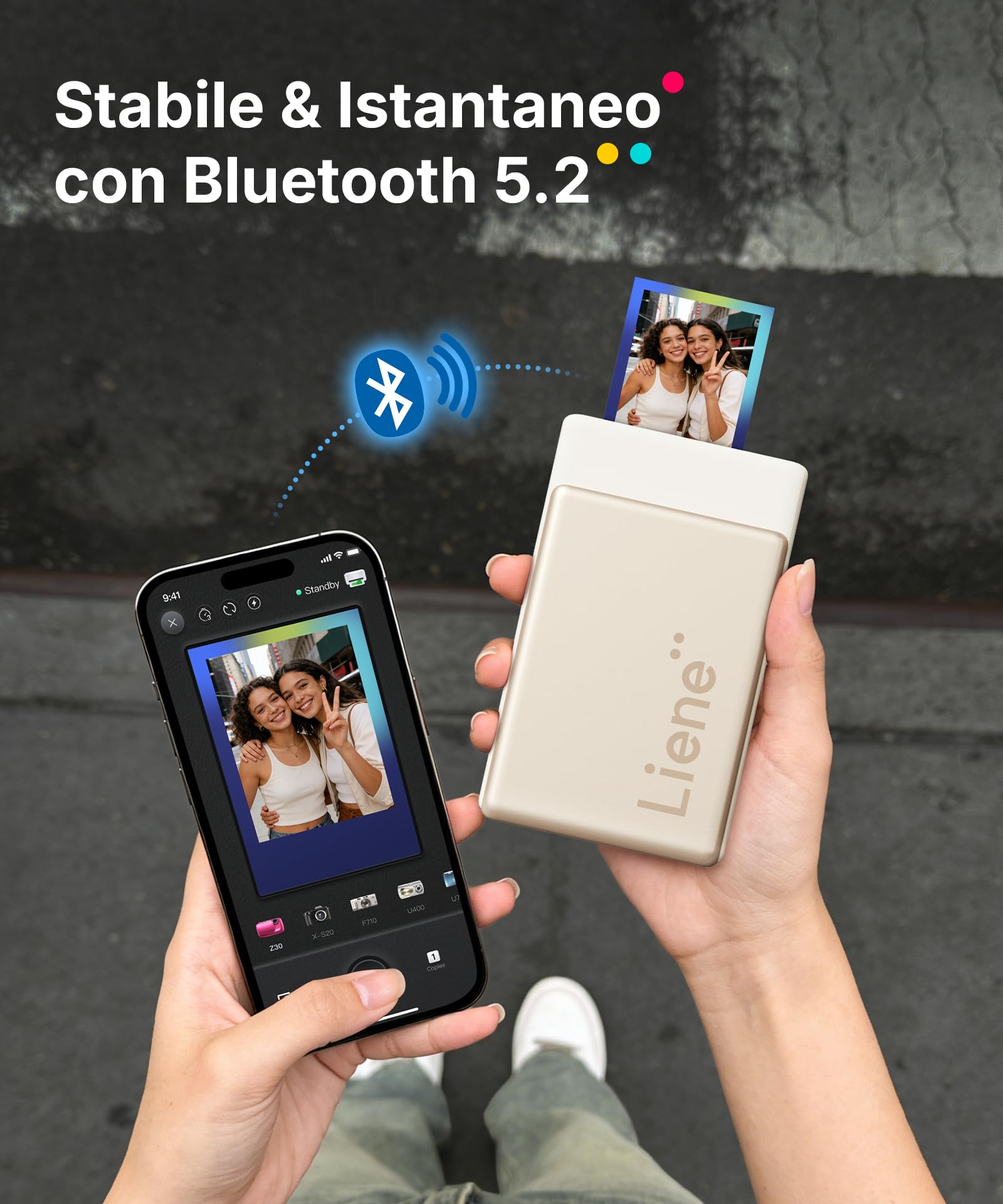 Liene Pearl N200 Pro Stampante Foto Portatile Mini a Sublimazione Termica, Bluetooth, 300 dpi, Include 50 Carta Adesiva (5x7.6 cm) e 5 Nastri, Color Oro