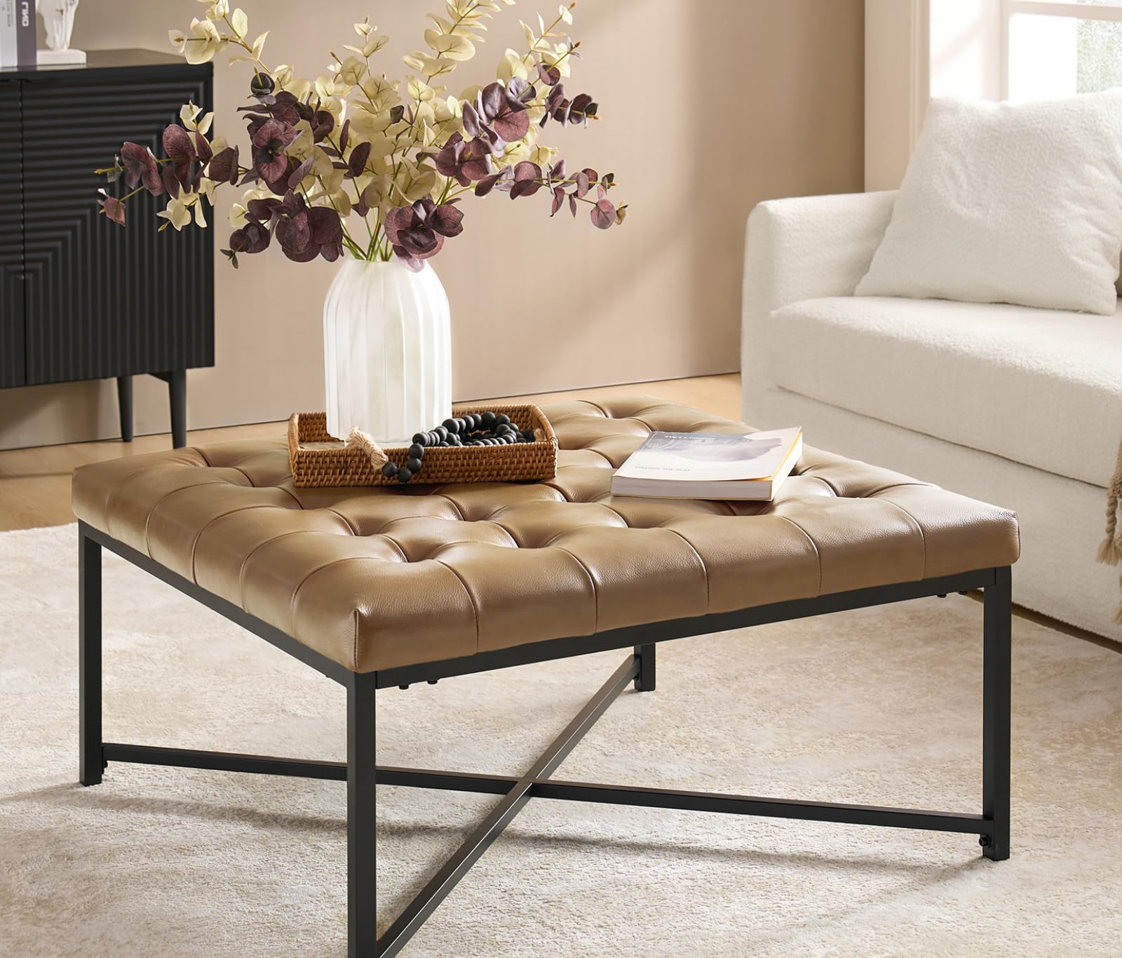 Genuine Leather Coffee Table with Button Tufting, Metal Base Square Ottoman Upholstered Bench for Industrial Modern Style, Multi-Functional Footrest for Living Room, Camel