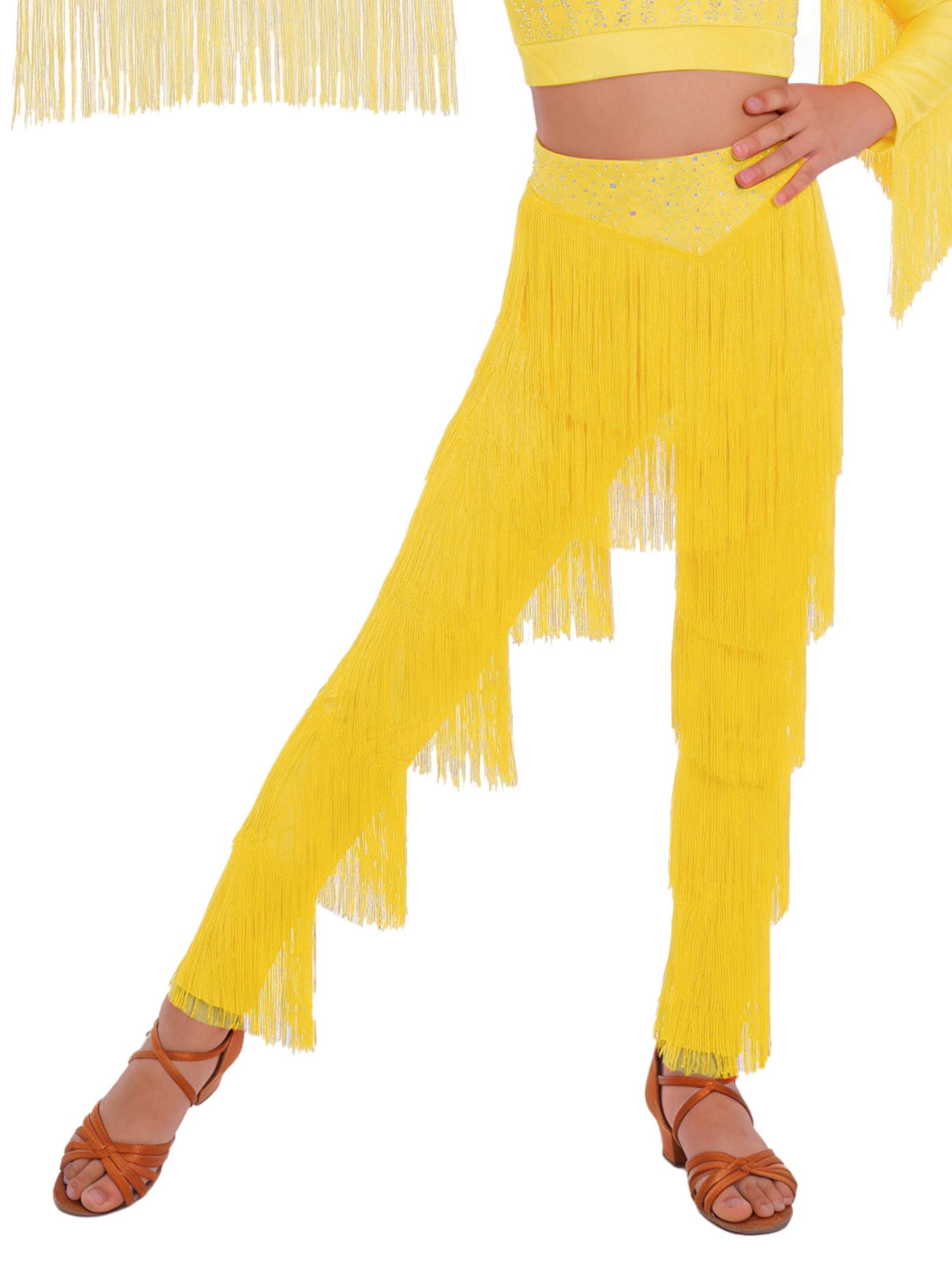 Sxiwei Pantalon à Frangé Danse Latine Fille Enfant Pantalon Danse Strass Brillant Costume Compétition
