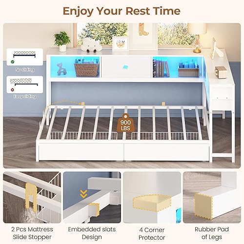 Miniatura 8 de Marco de cama de esquina individual Hasuit con cajones de almacenamiento y cabecero tipo estantería, marco de cama de plataforma de metal tamaño