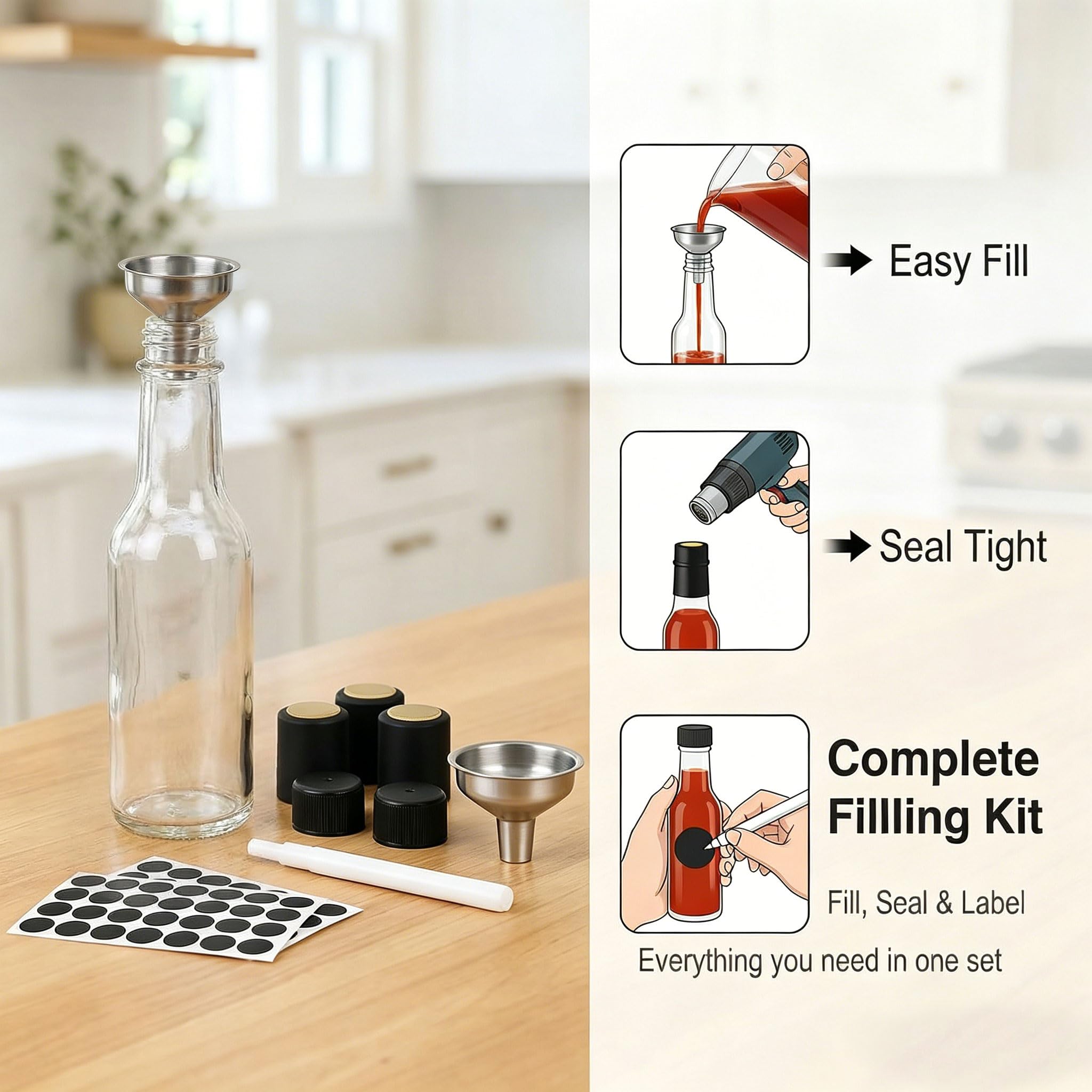 WERTIOO Ölflasche 150 ml, 21 Stk Olivenöl Flasche, Ölspender Glas mit Schrumpfkapseln, Essig und Ölflaschen set Perfekt zum Aufbewahren von Saucen und Getränken