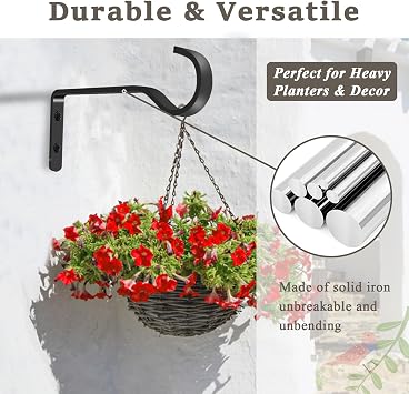 AUXHCYL 2Pcs Hanging Basket Brackets Outdoor,15.24cm Heavy Duty Plant Hangers for Hanging Baskets,Small Metal Hooks Wall for Lantern, Bird Feeder(Black)