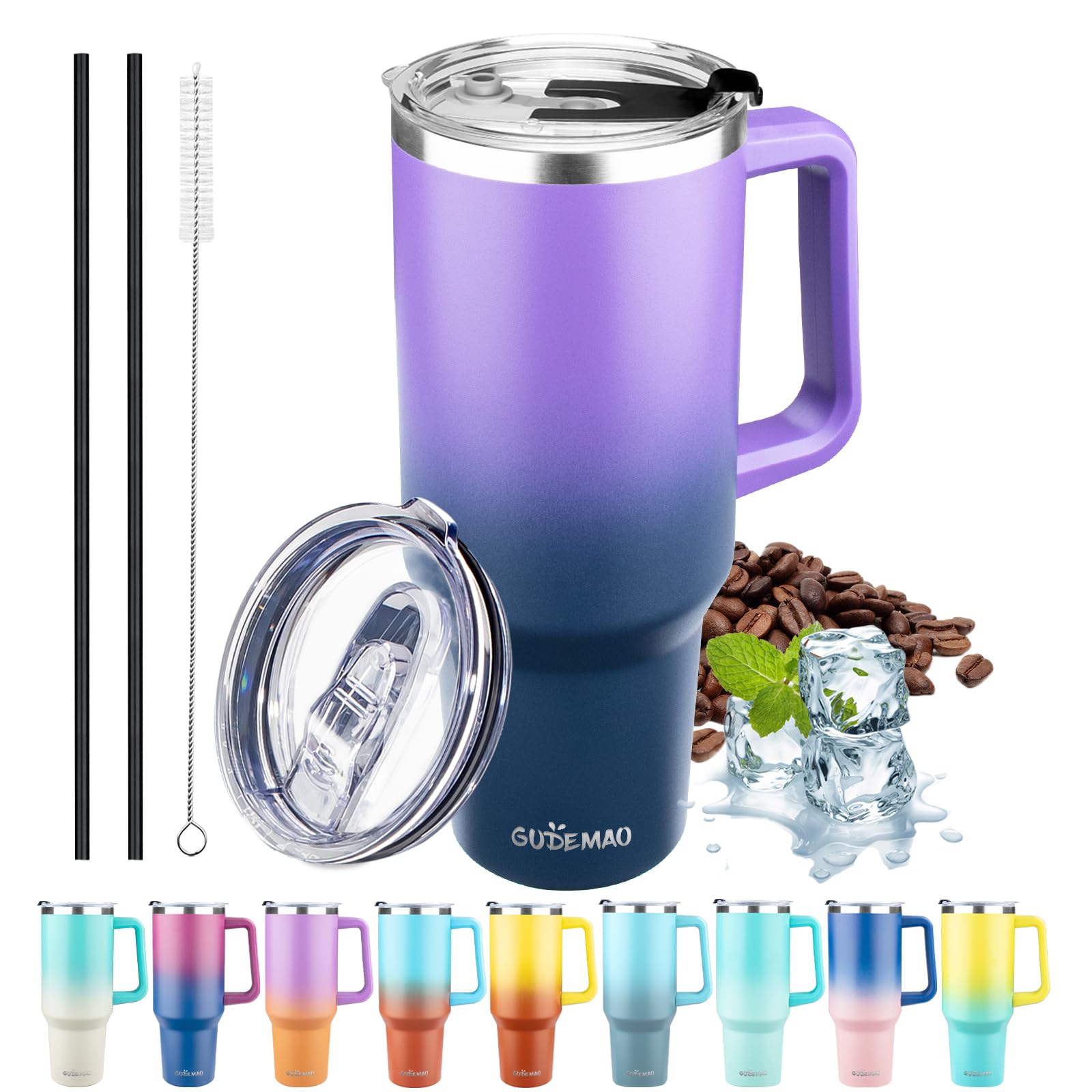 GUDEMAO 40 oz Tumbler with Handle, Insulated Tumbler with Lid and Straw, Reusable Stainless Steel Vacuum Insulated Cup, 100% Leak Proof Thermal Travel
