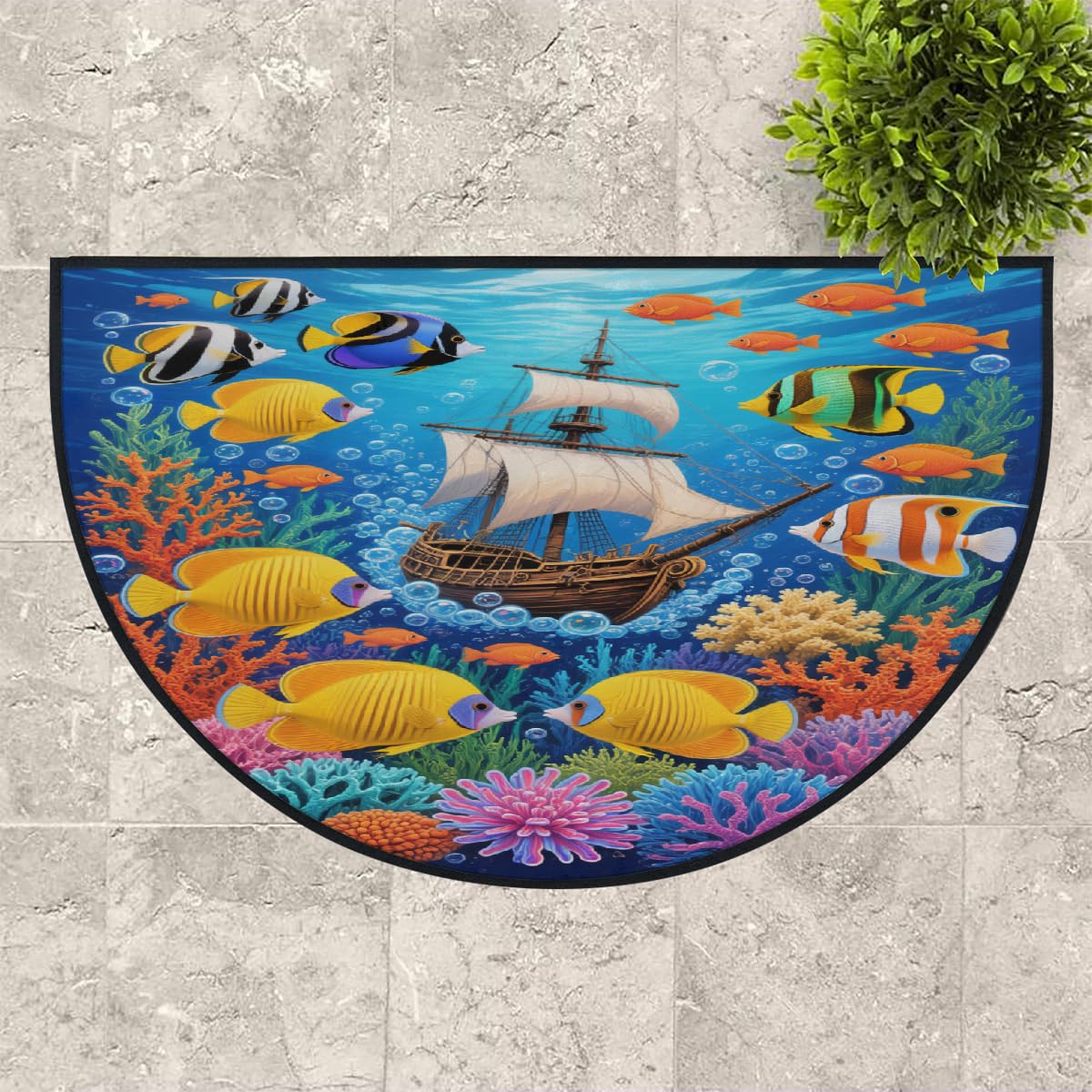 Große halbrunde Fußmatte – Segelboot, tropische Fische, rutschfest, saugfähig, halbrund, Eingangsbereich, Teppich, niedlich, weich, halbrund, waschbar, Teppich für Küche, Badezimmer