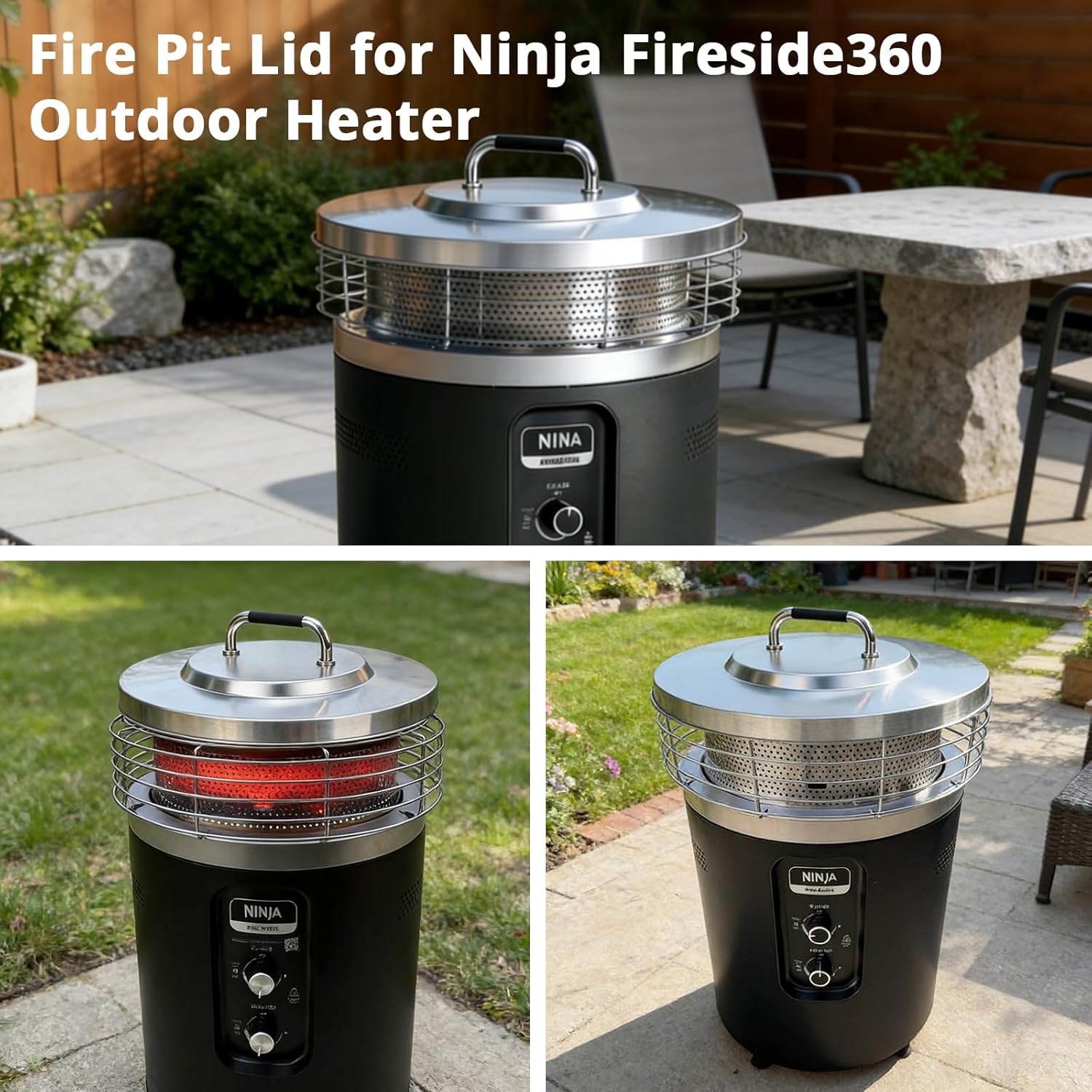 Fire Pit Lid for Ninja Fireside360 Outdoor Heater and Fire Pit, Stainless Steel Hard Cover with Handle, Replacement Top Cover for Ninja Fireside360, Round Metal Lid for Protecting Ceramic Rocks