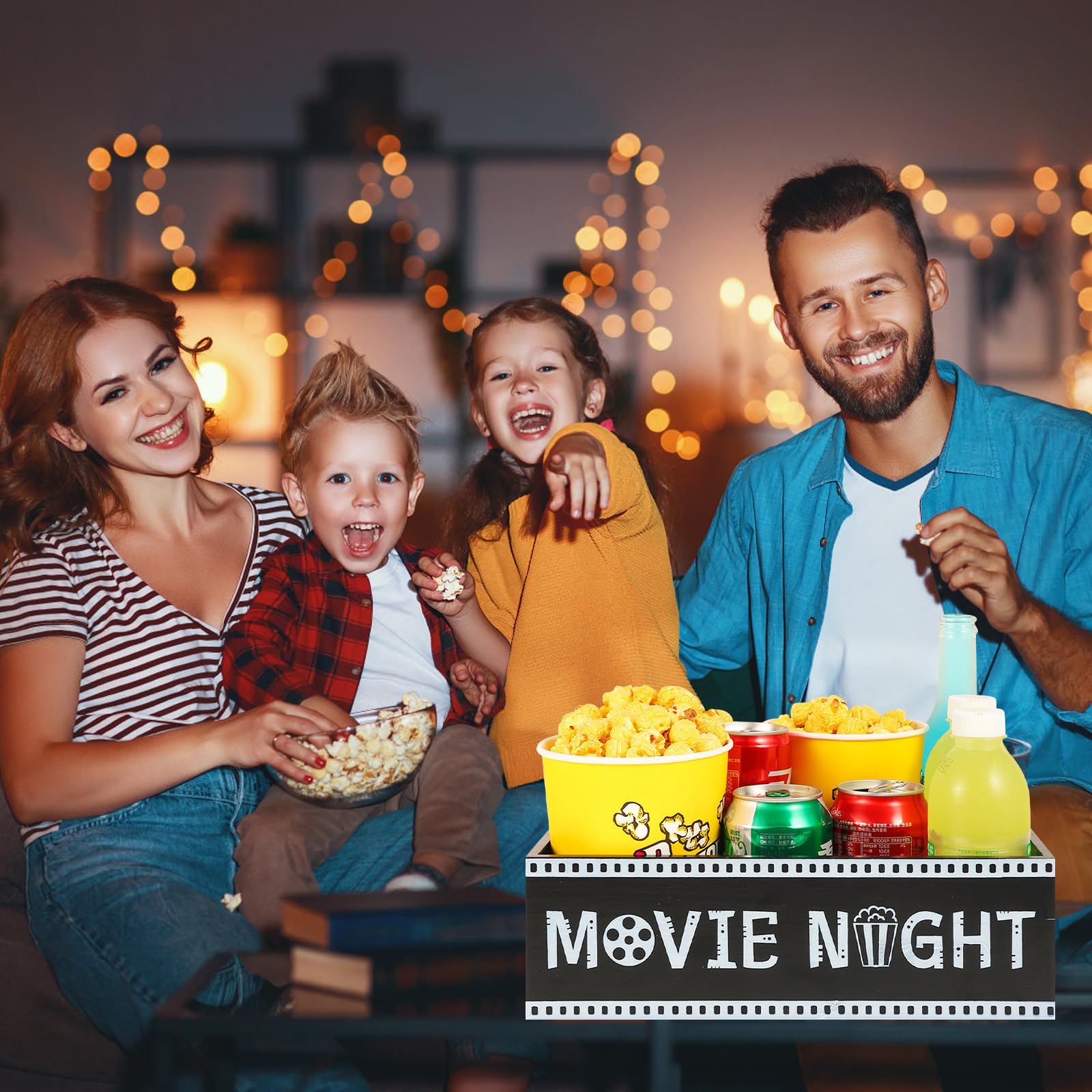 Bandeja de aperitivos de noche de cine, organizador de aperitivos de madera con asa, soporte de aperitivos de granja para encimera, cesta de almacenamiento de aperitivos, contenedores de