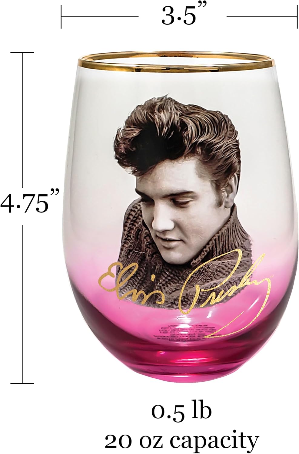 Spoontiques Stemless Wine Glass, 20oz - Lidless Drink Tumbler for Cold Beverages - Elvis