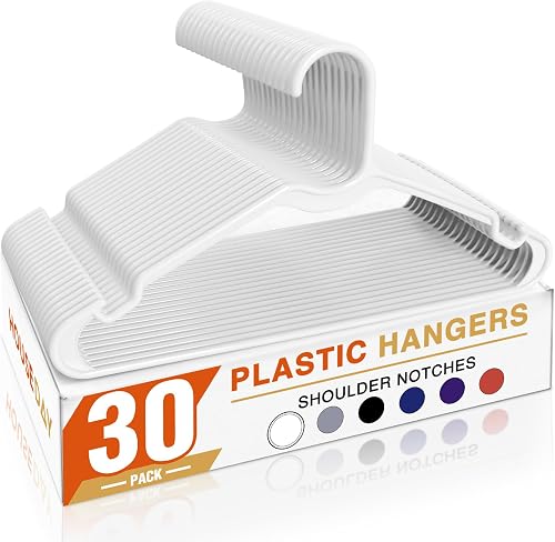 HOUSE DAY White Plastic Hangers 30 Pack, 16.25" Slim Hangers with Non-Slip Extended Notch, Perfect for Plus Size & Curvy Fits, Closet Organization Essential, Space Saving for Dorm Apartment Home