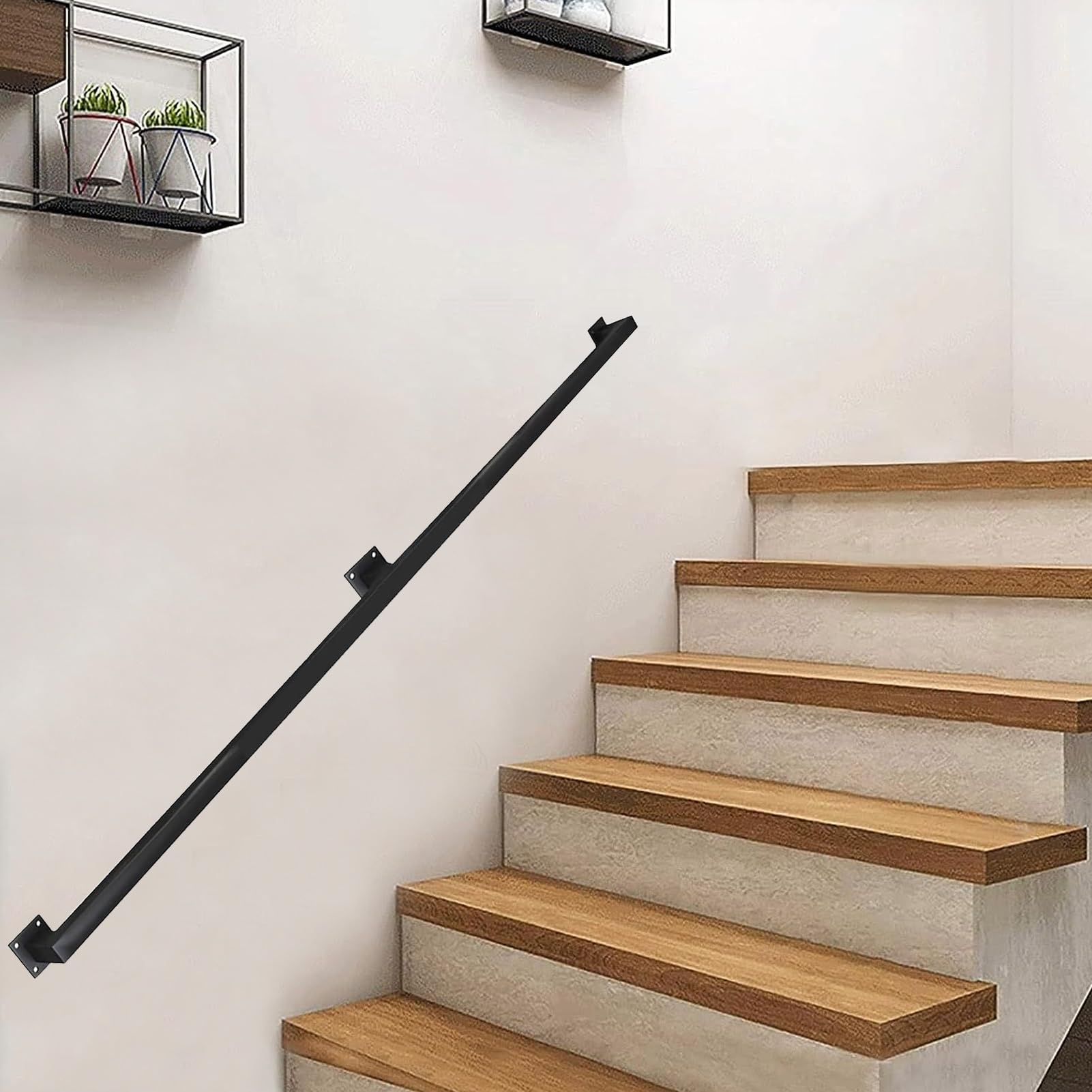 Black Iron Hand Railing, Sturdy Safety Staircase Handrails Wall Mount, Non-Slip and Rust Rails Square Pipe Handrail for Indoor Stairs Banister(14ft/420cm)