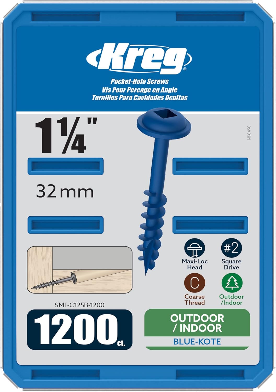 Kreg Blue-Kote Pocket-Hole Screws - SML-C125B-1200 - Weather Resistant Pocket Screws - 1-1/4 Inch - Coarse Thread - Maxi-Loc Head - Outdoor - 1200 Count