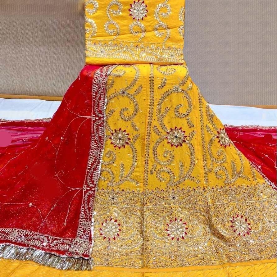 Image of Heavy Embroidery Work Semi Stitched Shimmer Silk Rajputi Poshak For Women Rajasthani Lehenga Choli