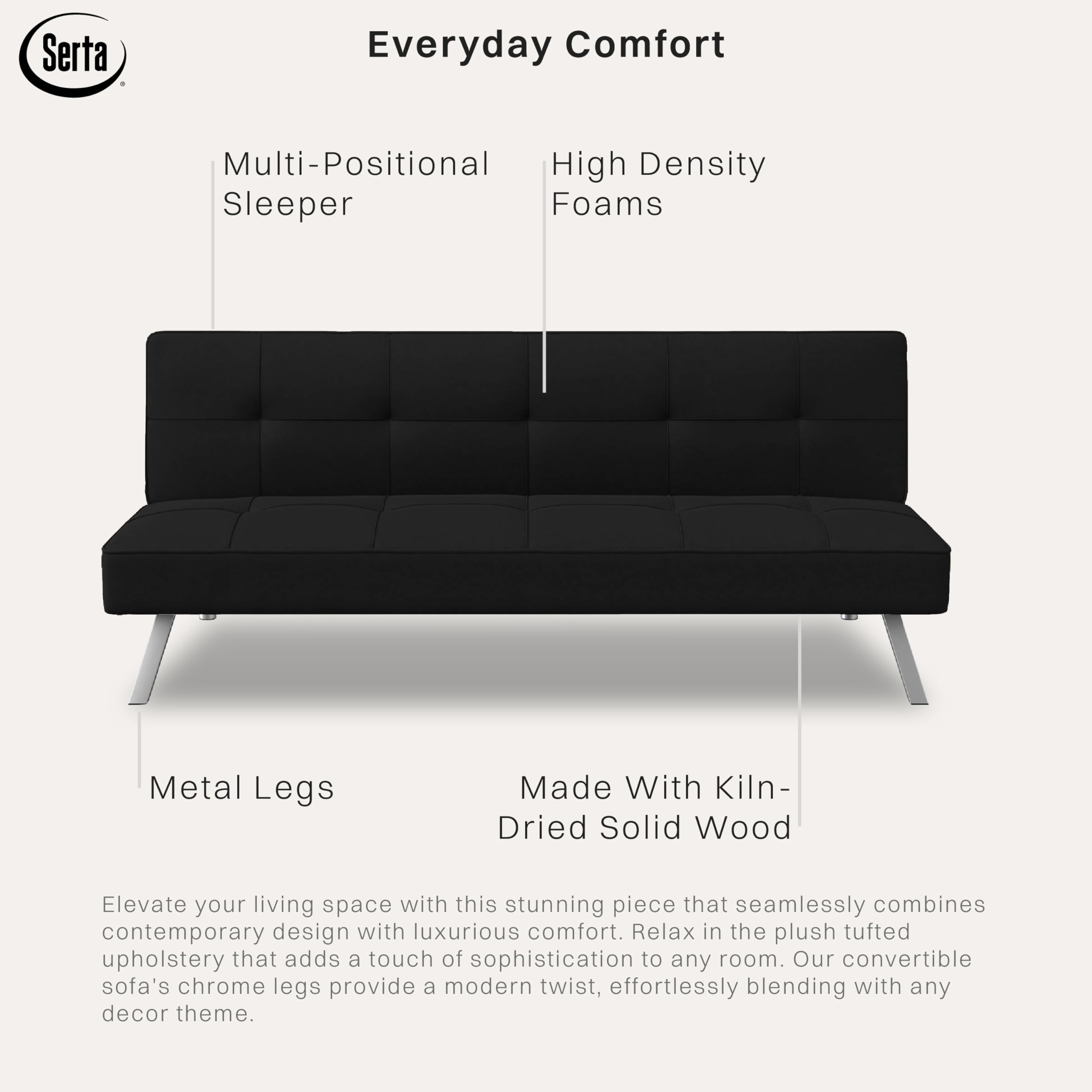 Serta® Rane Futon Sofa Bed 66.1", 3-in-1 Convertible Couch Sleeper for Small Spaces, Tufted Back, Twin Size Guest Bed, Black Woven Fabric
