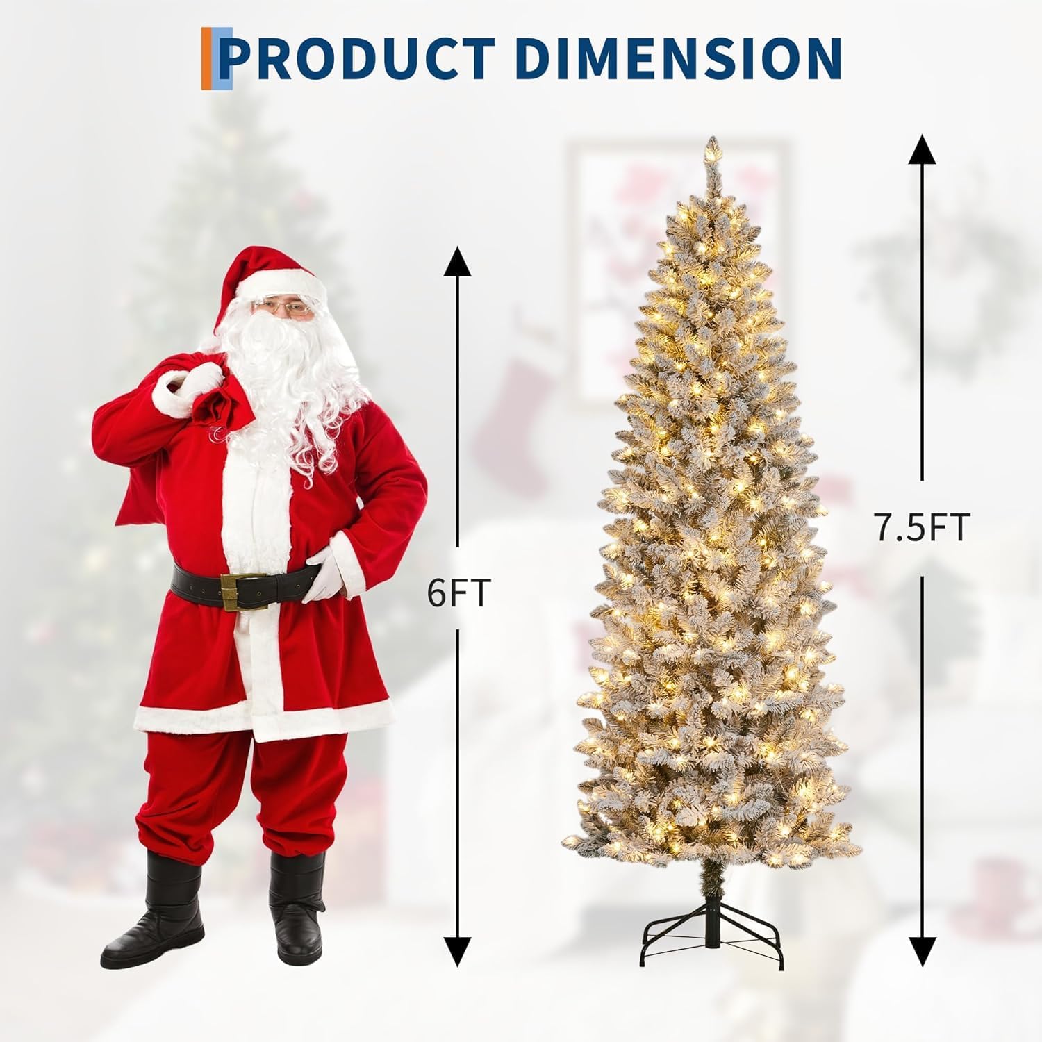 GarveeHome 7.5 ft Pencil Christmas Tree, Pre-Lit Frosted Artificial Tree, Skinny Xmas Trees Holiday Decoration, with LED Light and Metal Base