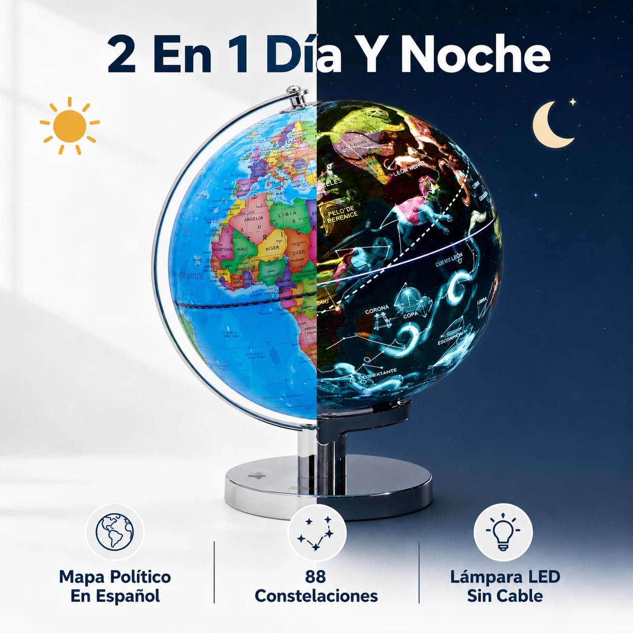 EXERZ Globo Terráqueo Iluminado 23 cm Mapa Español Y Constelaciones | Lámpara LED Sin Cable Base Metálica Cromada Modo Día Noche Para Escritorio Habitación Aula Y Regalo Educativo