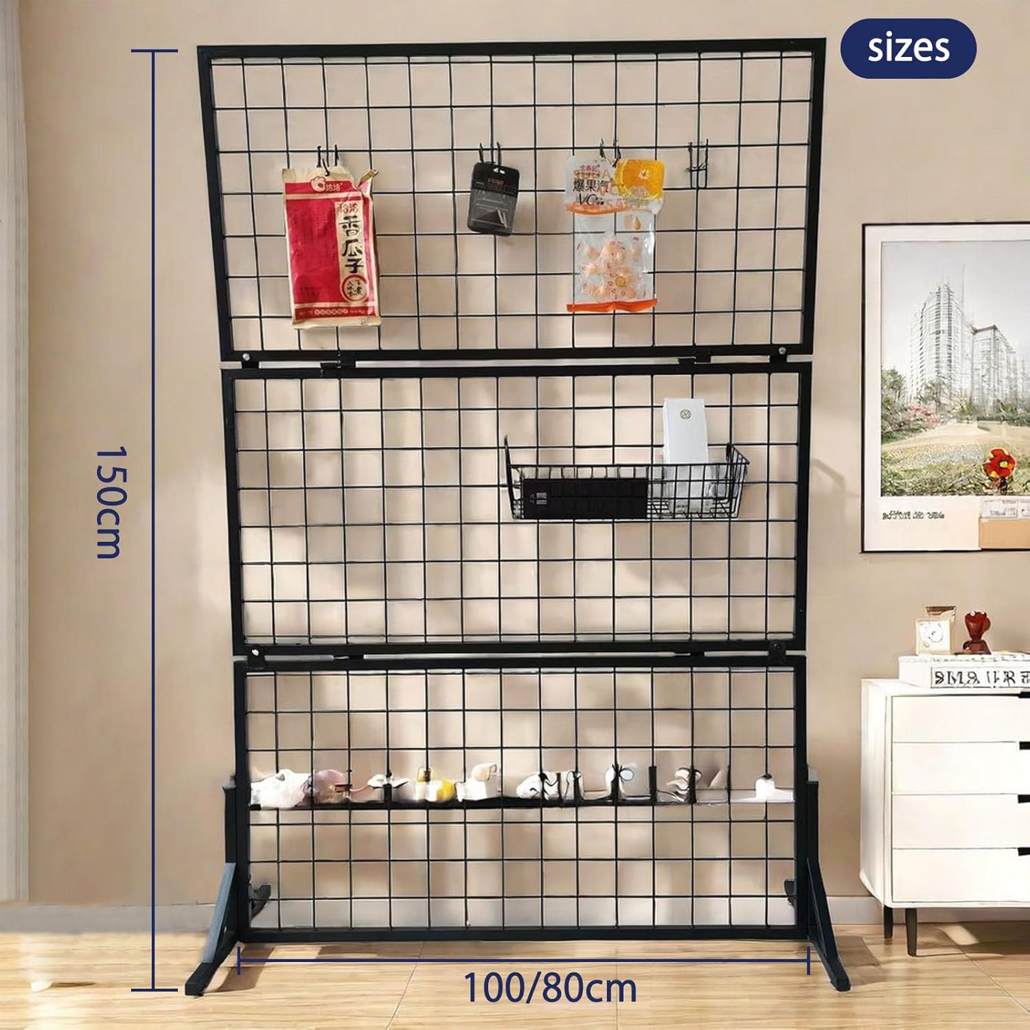 Black Grid Wall Panel Display Stand with Base & Caster Wheels, Folding Retail Rack for Space-Saving Merchandising, 150cm High x 80cm Wide, Versatile Gridwall Panels & Units