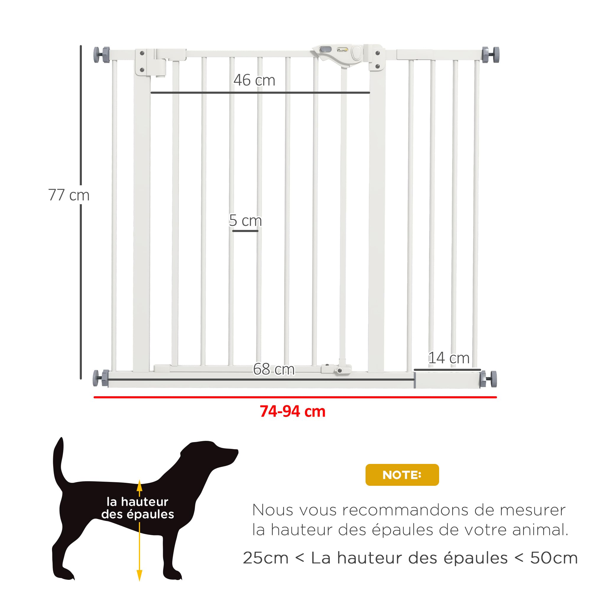 PawHut - Barrera de Seguridad para Animales (74-94 x 77 cm, con Puerta de Cierre automático, Sistema de Doble Bloqueo sin Taladro, con 1 extensión, Color Blanco | Cierre automático, doble bloqueo, sin taladrar, 1 extensiones, para escaleras, pasillos, pue