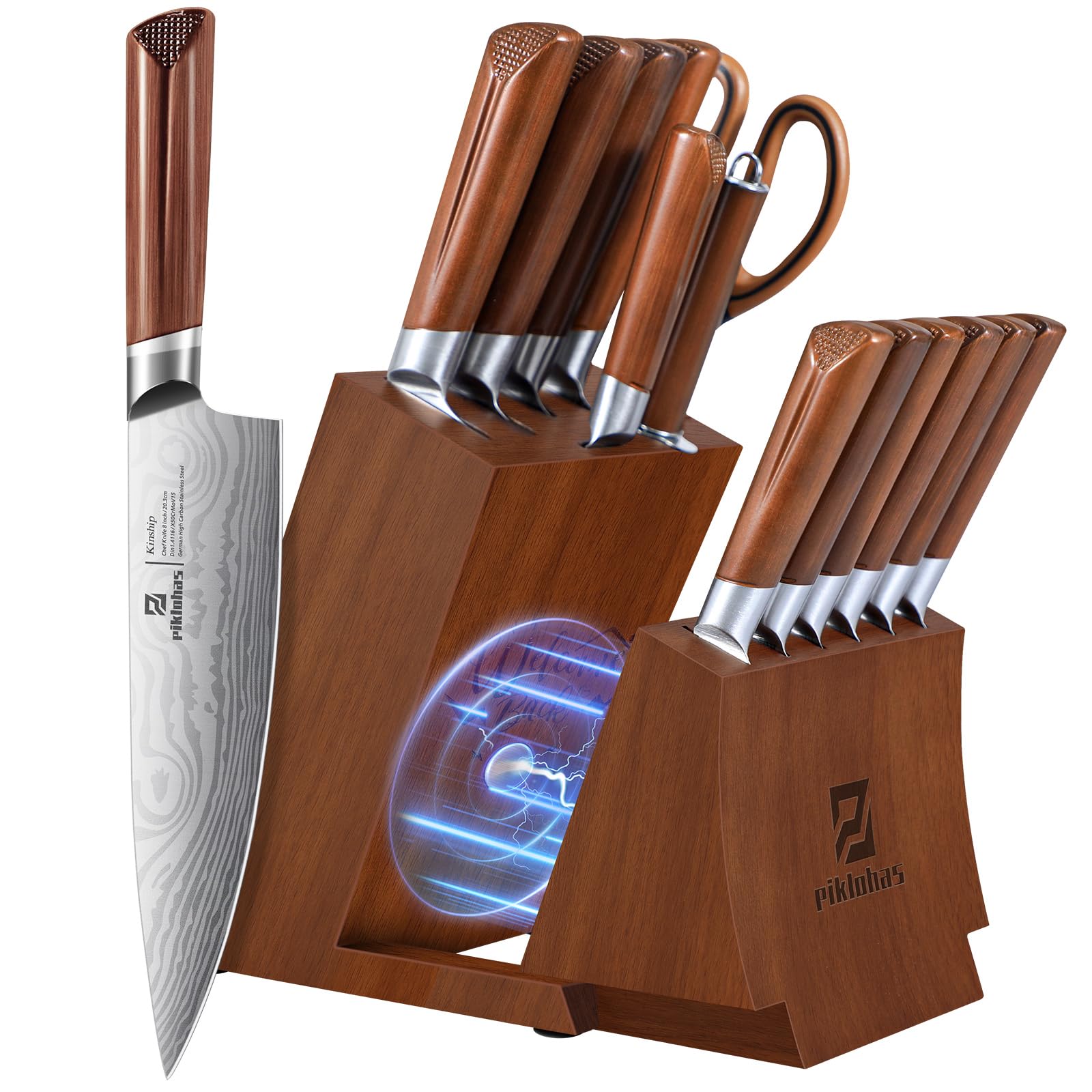 Kitchen Knife Sets With Block, Piklohas 15 Pieces Knife Sets With Magnetic Detachable Knife Holder, High Carbon Steel Damascus Pattern Chef Knife Set