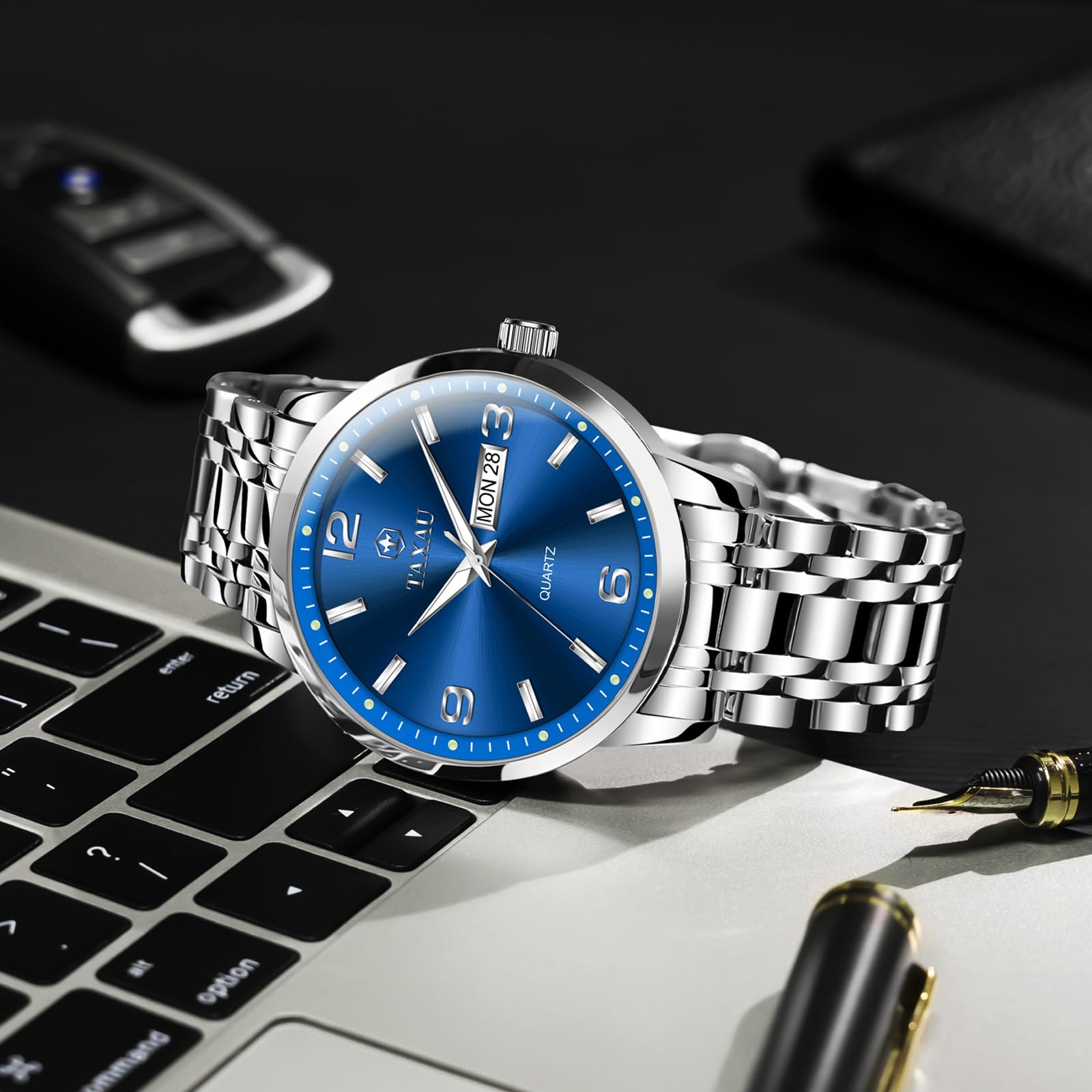 Taxau Wasserdicht Edelstahl Kleid Luxus Business Multifunktion Leuchtend Datum Geschenk Herrenuhr