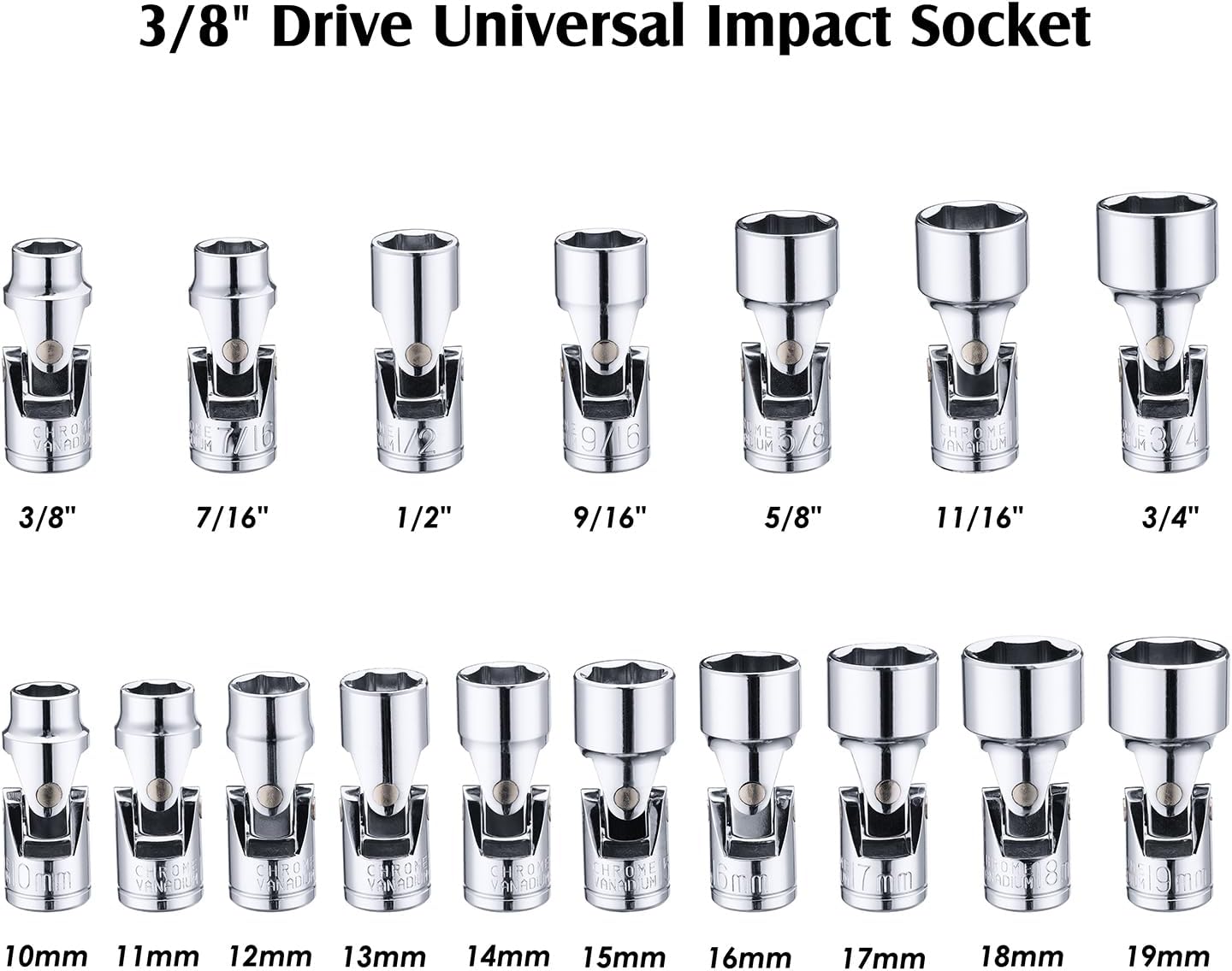 MIXPOWER 17-piece 3/8" Drive Universal Joint Socket Set, 6 Point, SAE & Metric, 10-19mm, 3/8"-3/4", Swivel Socket with Flexible Wobble, CR-V Impact Grade