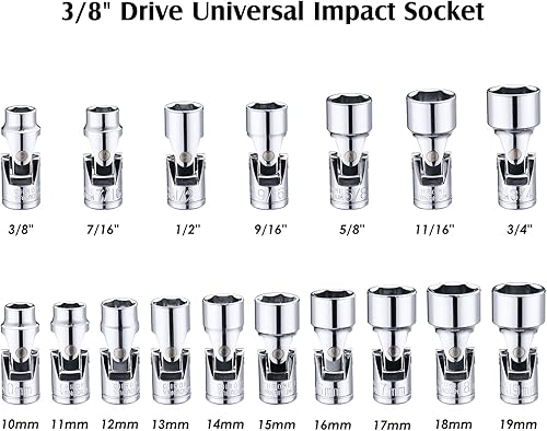 Miniatura 2 de MIXPOWER Juego de llaves de vaso universal de 7 piezas de 38 pulgadas, 6 puntos, SAE, 38" - 34", 38" con tambaleo flexible, grado de impacto CR-V