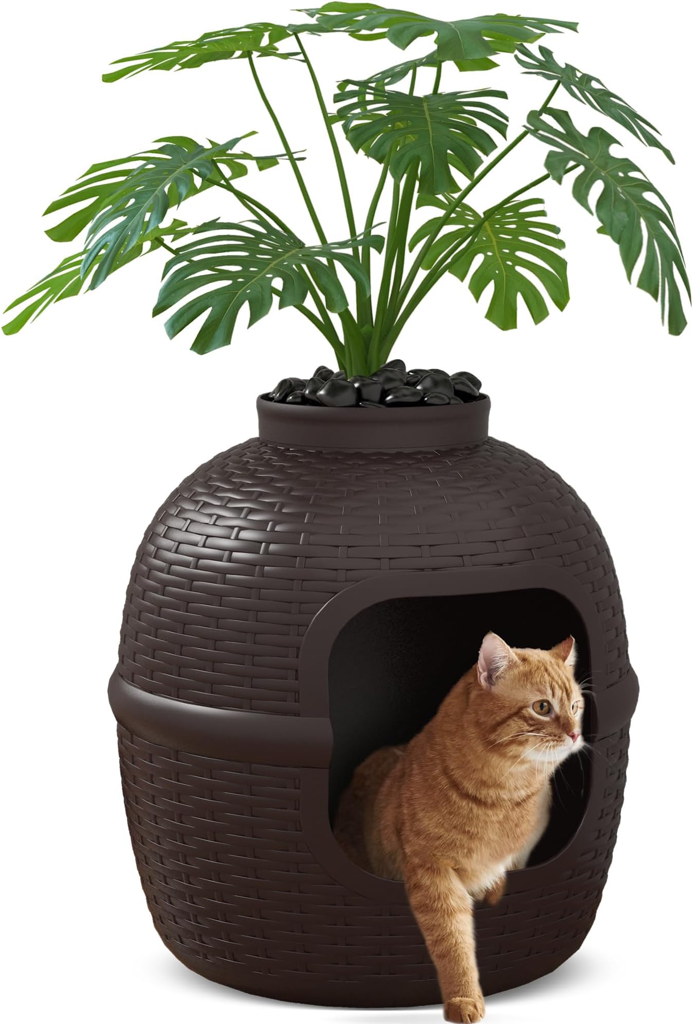 Large Cat Litter Box Enclosure with Artificial Plants