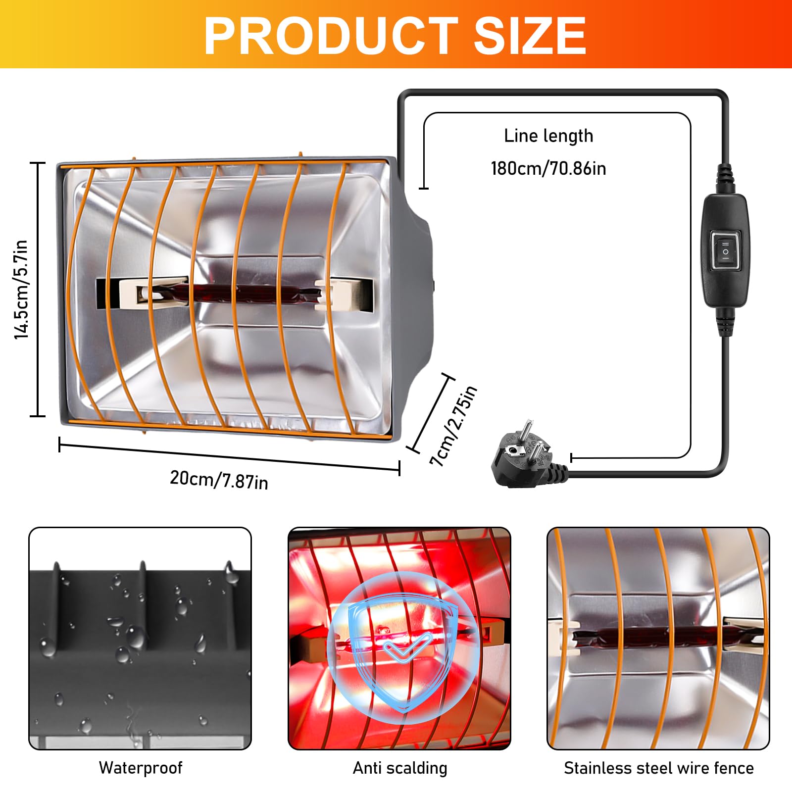 Lampada a luce rossa per pulcini, 250 W, con interruttore a risparmio energetico, 2 impostazioni di temperatura, cavo da 1,8 m, lampada da chatta, lampada a calore animali, riscaldamento a