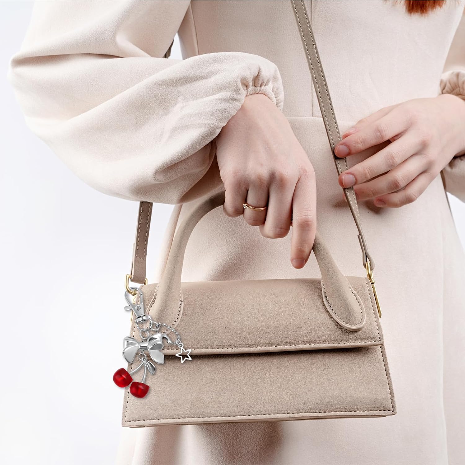 Cherry Keychain, Glitter Cherry Charm with Bow Bag Key Chain Small Shiny Aesthetics Bag Keyring for Car Keys Ring Purse Handbags Cute Girls Women Gift DIY Crafts Accessories (Red&Silver) - Image 5