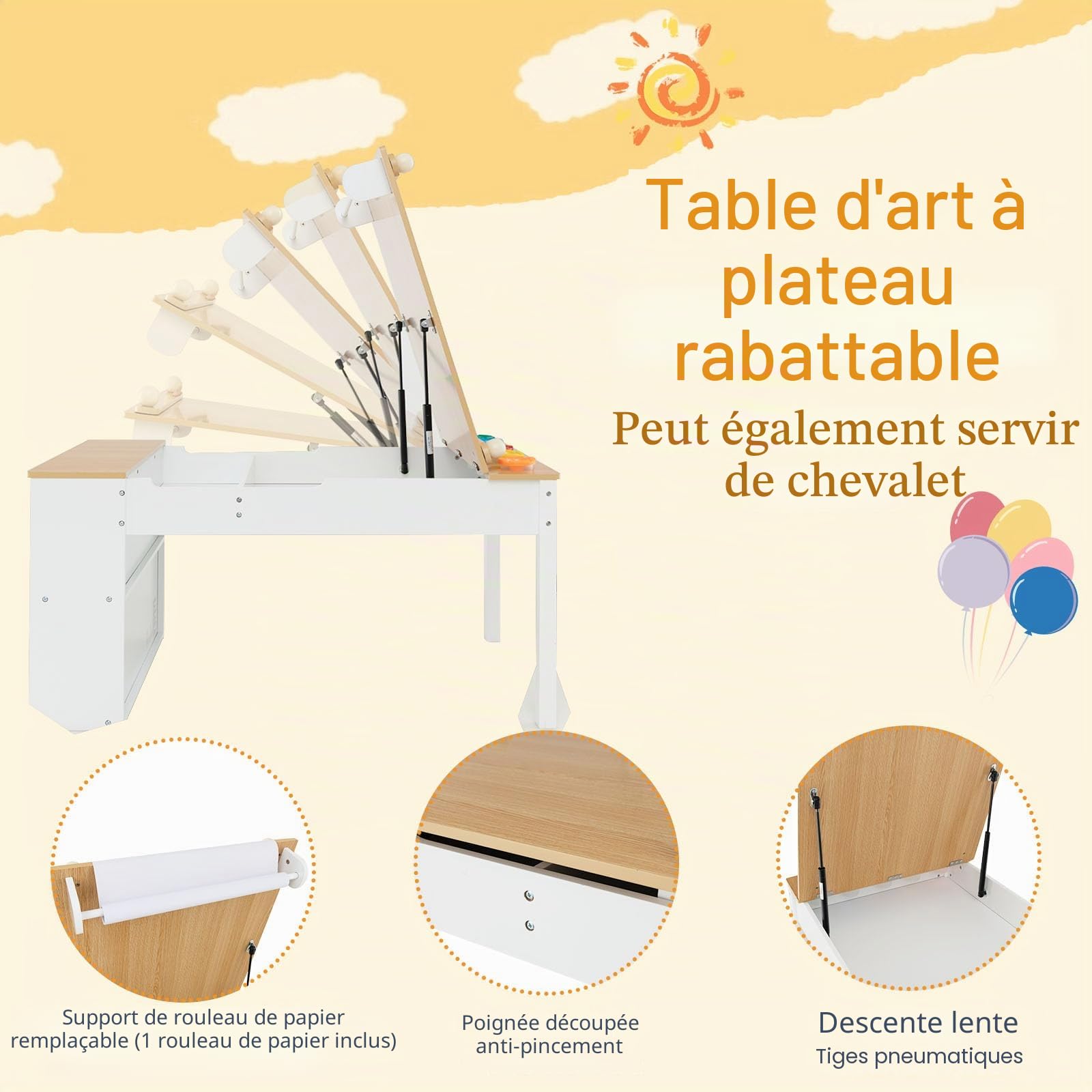 LIFEZEAL3 en 1 Ensemble Table et 2 Chaises pour Enfants, Table à Dessin avec Rouleau de Papier et Espace de Rangement, Set en Bois pour Activités Créatives, Charge de 91 KG et 75 KG (Naturel)