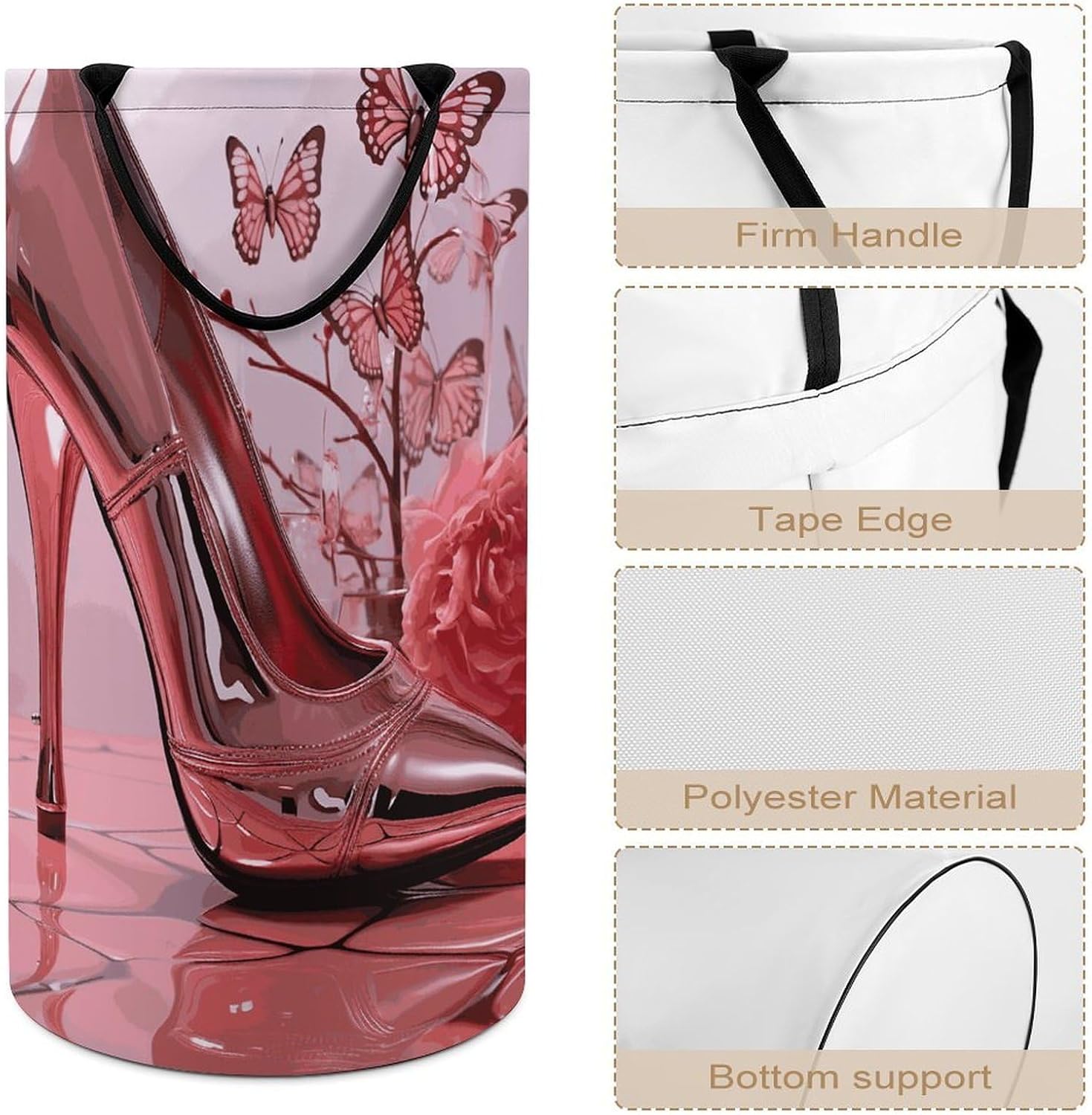 Pink High Heeled Shoes Butterfly Laundry Basket Dirty Clothes Bin, Waterproof Laundry Hamper, Laundry Bag, Clothes Hamper Stands for Bedroom, Towels,Clothings image 4