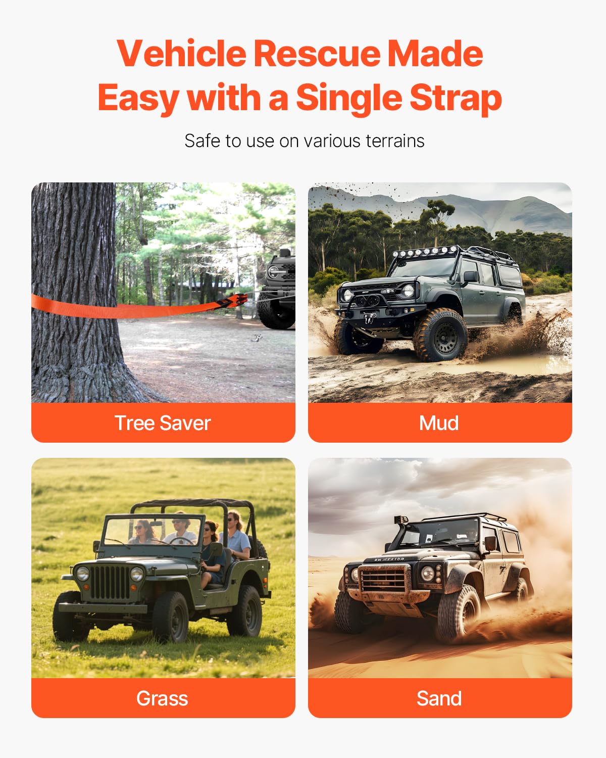 VEVOR Kit di Recupero con Cinghia di Traino per Impieghi Gravosi, Cinghia per Verricello Salva-Albero 76,2 mm x 9,1 m Resistenza alla Rottura di 16329 kg Triplo Anello Rinforzato, per Jeep, SUV, ATV
