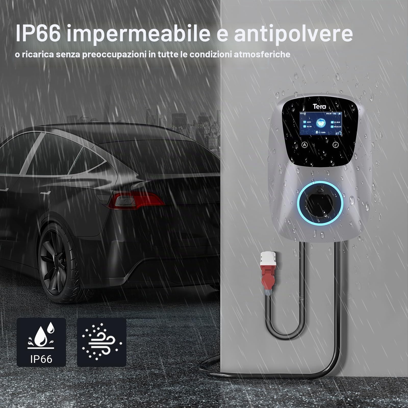 Tera EV Caricabatterie con Smart App 32A Tipo 2 22kW 400V CE e TUV Wallbox Cavo di Ricarica 7 Metri Staffa Caricabatterie Controllo Applicazione&Spina trifase CEE - Argento W01