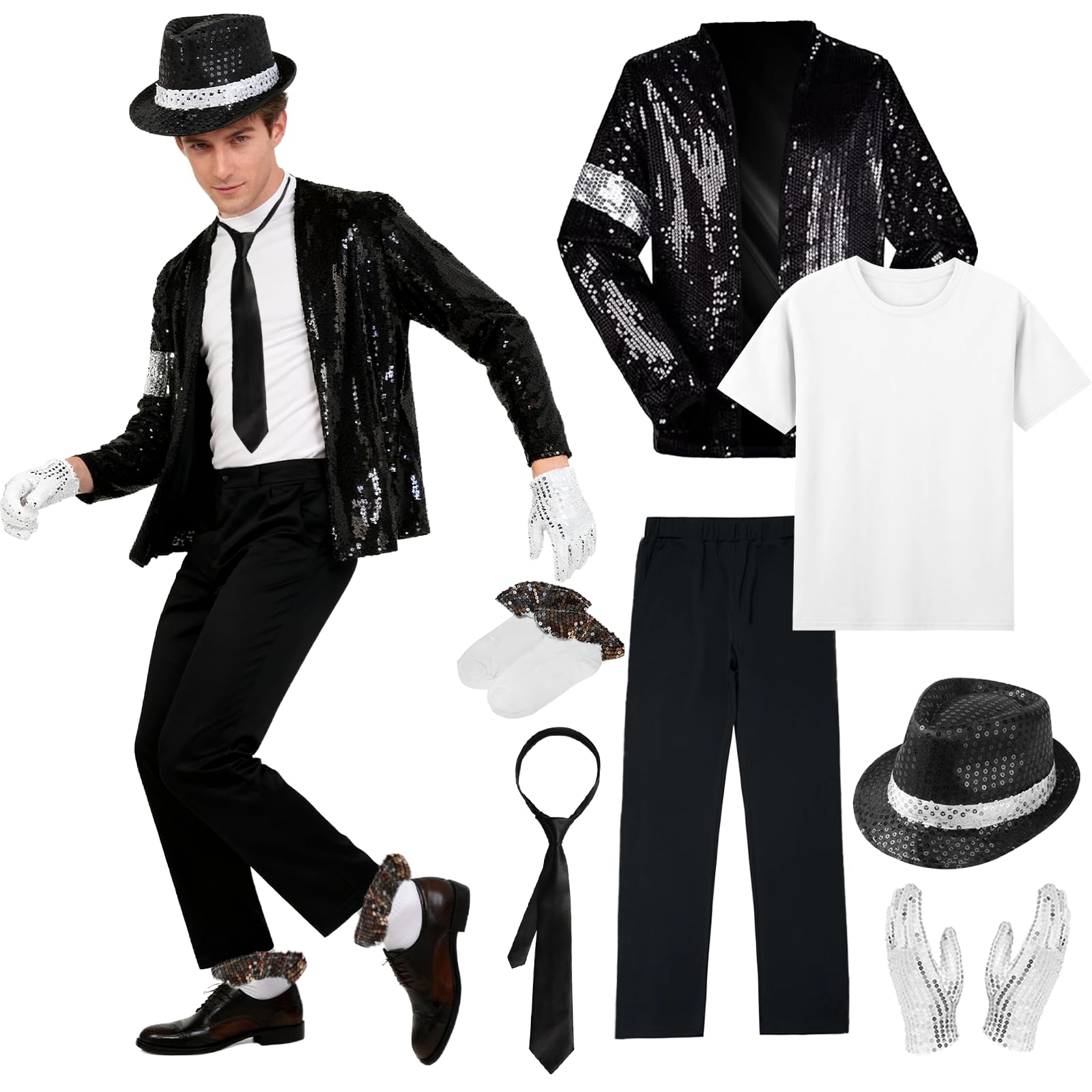 Costume da re del pop anni '80, per adulti, per cosplay, costume con cappello jazz con paillettes, giacca, top, pantaloni, guanti, calzini, cravatta, per Halloween, carnevale, feste a tema anni '80