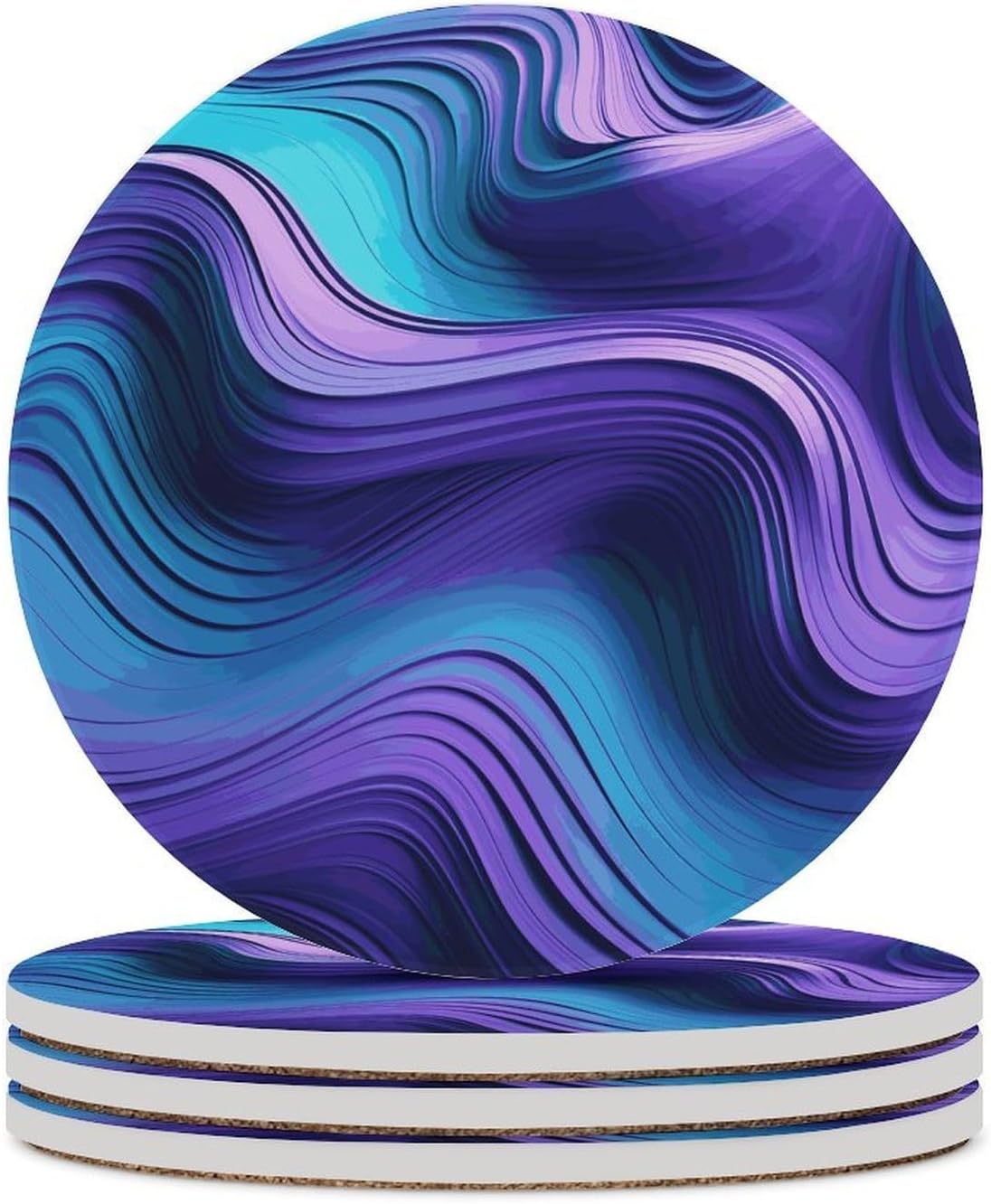 6PCS Wavy Purple Coasters Non-Slip Round Drink Coasters with Ceramic Stone and Cork Base, Heat Resistant Absorbent 33.00Stone Coaster Set for Kinds of Mugs and Cups, 4 Inch