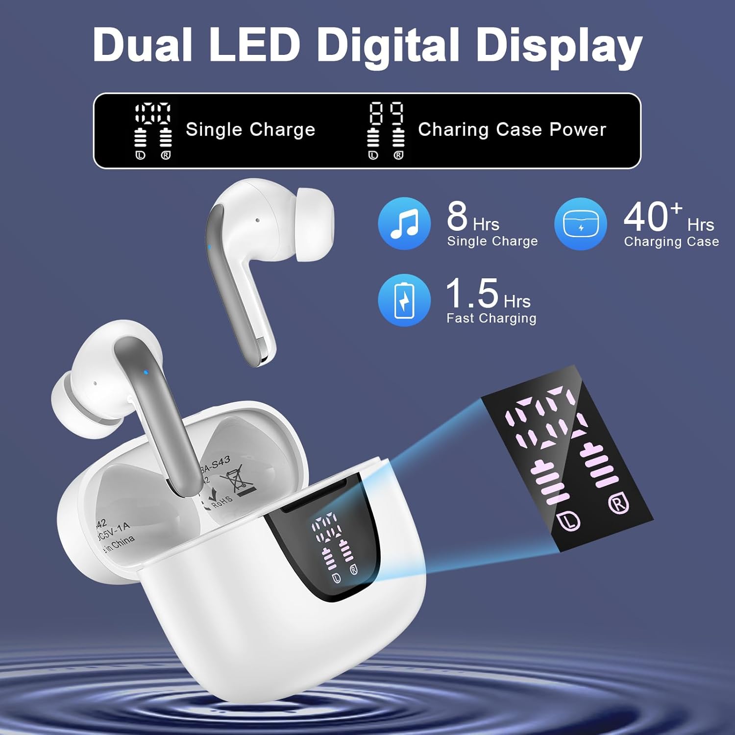 60H Playtime LED Display Wireless Earbuds,Bluetooth 5.3 Noise Cancelling in Ear Headphones,for Samsung Galaxy Phones (White)