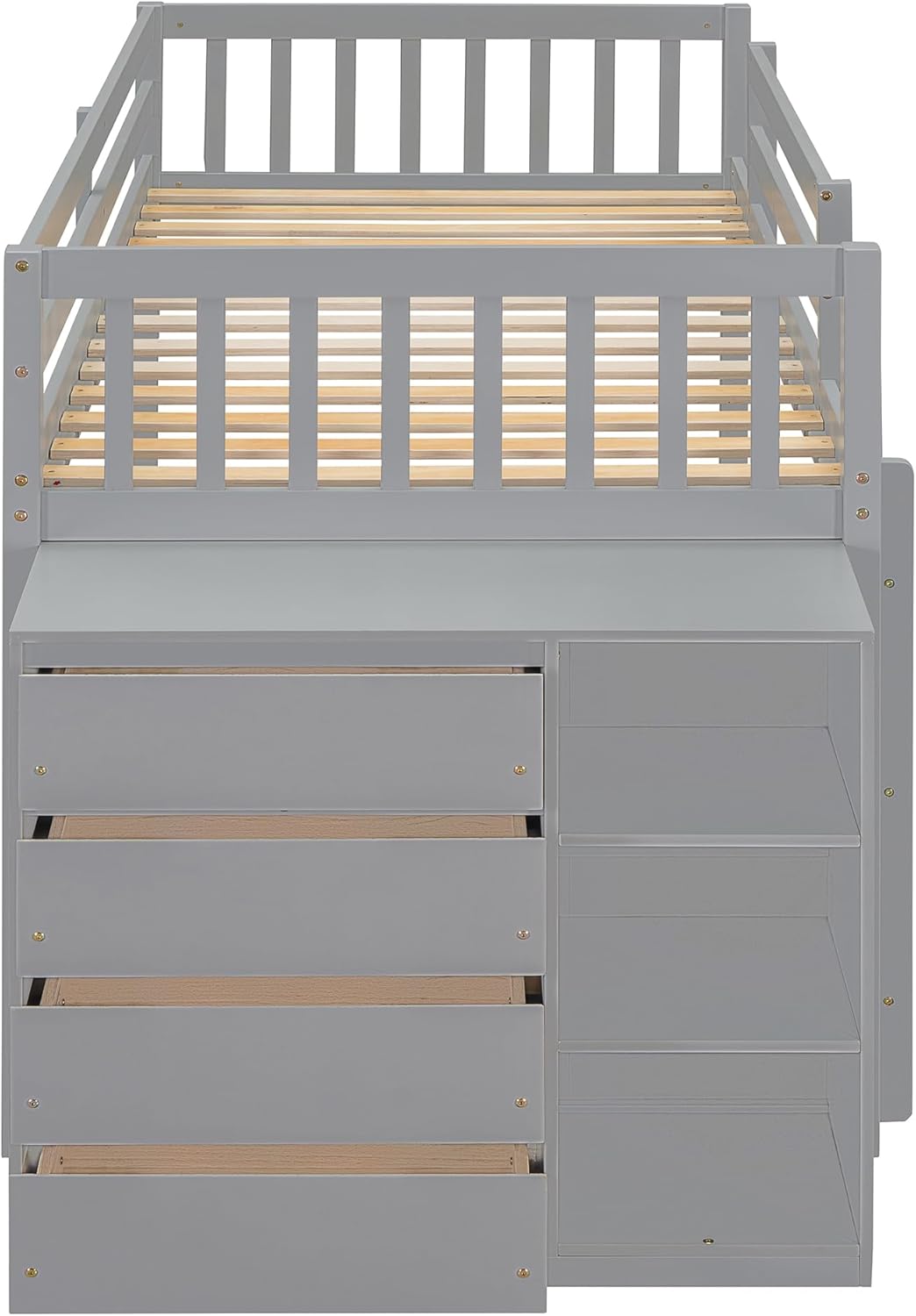 Twin Over Twin Bunk Beds with Removable Storage Cabinet, Wooden Floor Bunk Beds with 4 Drawers and 3 Shelves, Low Twin Loft Bed for Kids, Girls Boys, Teens, Adults (Gray)