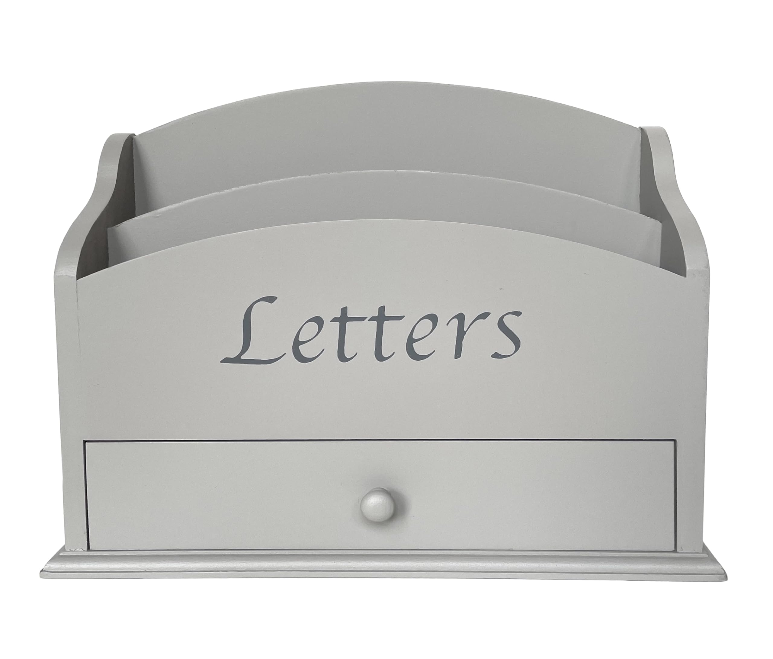 GreyZouq Wooden Letter Rack with Drawer and Two Compartments, Vintage Letter Holder, Mail Organiser, Wooden Desk Organiser, Desktop Storage for Home Office, Hallway & Study, Light Grey