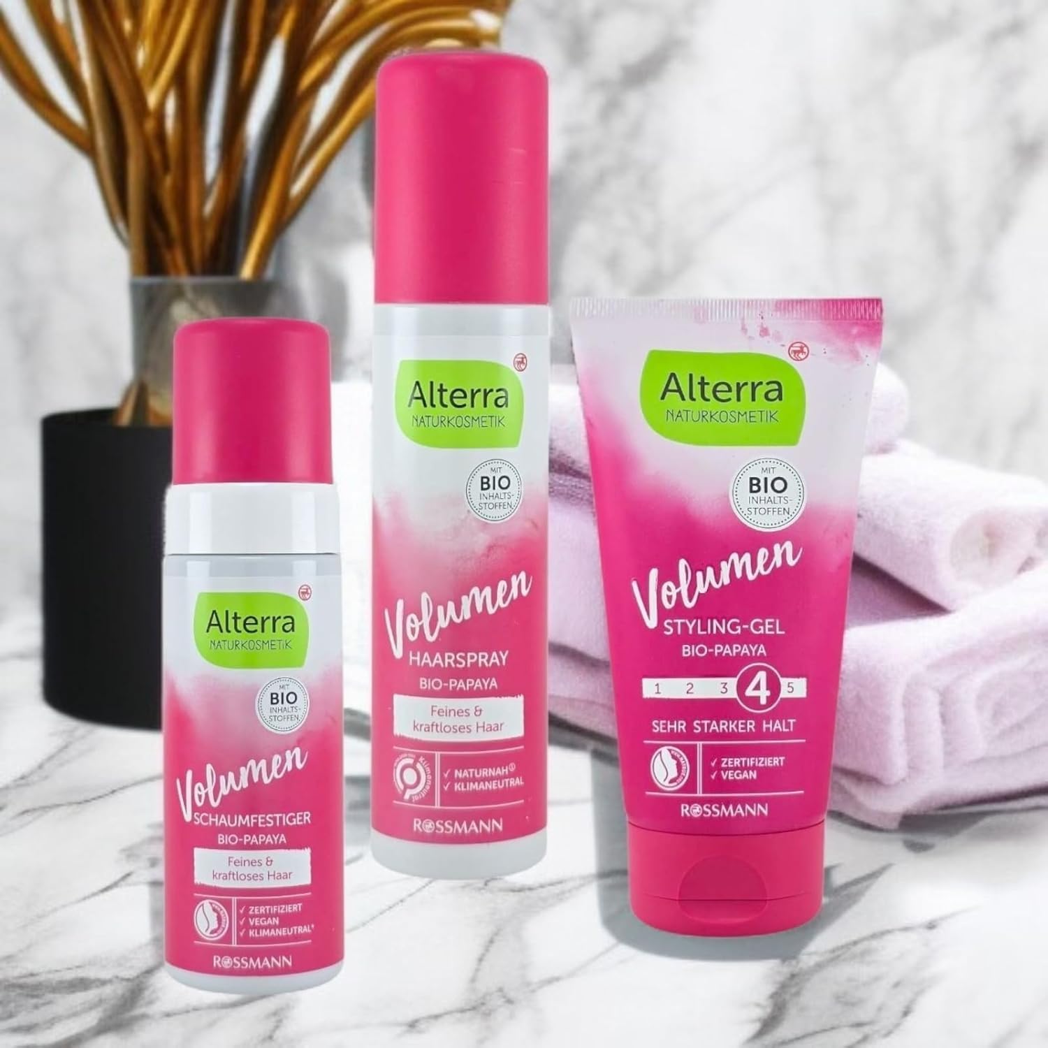 Naturkosmetik Volumen Haarstyling-Set (3-teilig) | mit Bio-Papaya | Schaumfestiger, Haarspray & Styling-Gel für feines Haar | Zertifizierte Naturkosmetik & Vegan(Alterra)