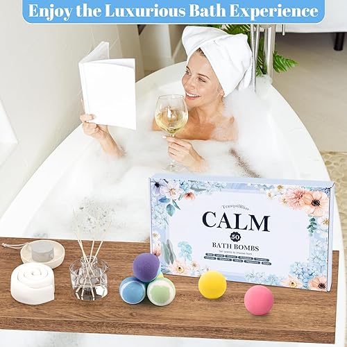 Miniatura 7 de TranquilBliss Set de regalo de bombas de baño, 50 bombas de baño para mujeres, niños, bombas de baño de burbujas orgánicas con 10 aromas ricos,