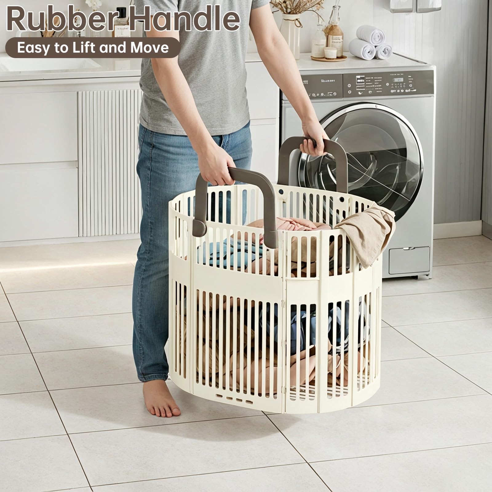 PAVSTINE Cesto Portabiancheria Pieghevole Grande, Portabiancheria Plastica | 43L Cesto Biancheria Sporca con Manici Salvaspazio, Collapsible Laundry Basket per Bagno, Lavanderia, Beige