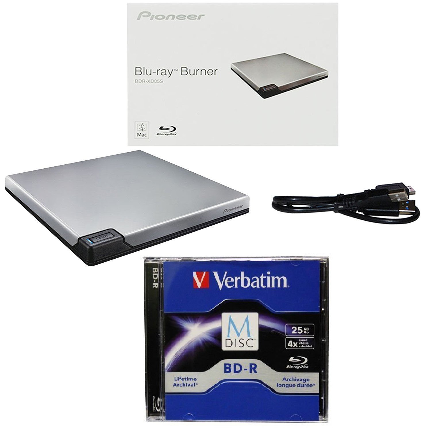 Pioneer 6x BDRXD05S Portable USB 3.0 Bluray Burner Bundle with 1 Pack