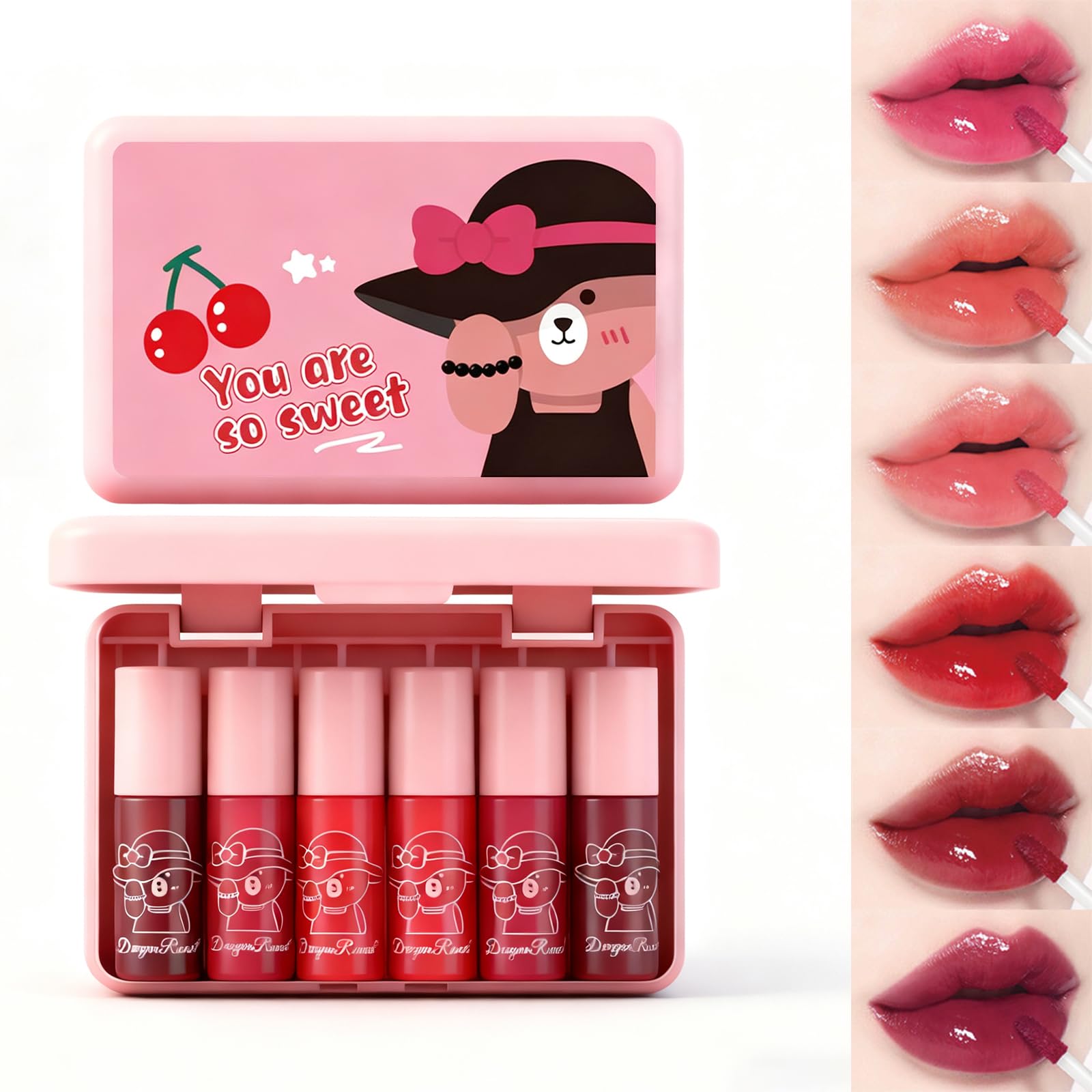 6 Colors Lip Tint Stain Set,Lip Gloss for Women,bright moisturizing lip gloss,Velvet Watery Lip Stain Moisturizing Mini Liquid Lipstick,Long lasting Non-Stick Cup, Multi-use Lip and Cheek Tint Set a