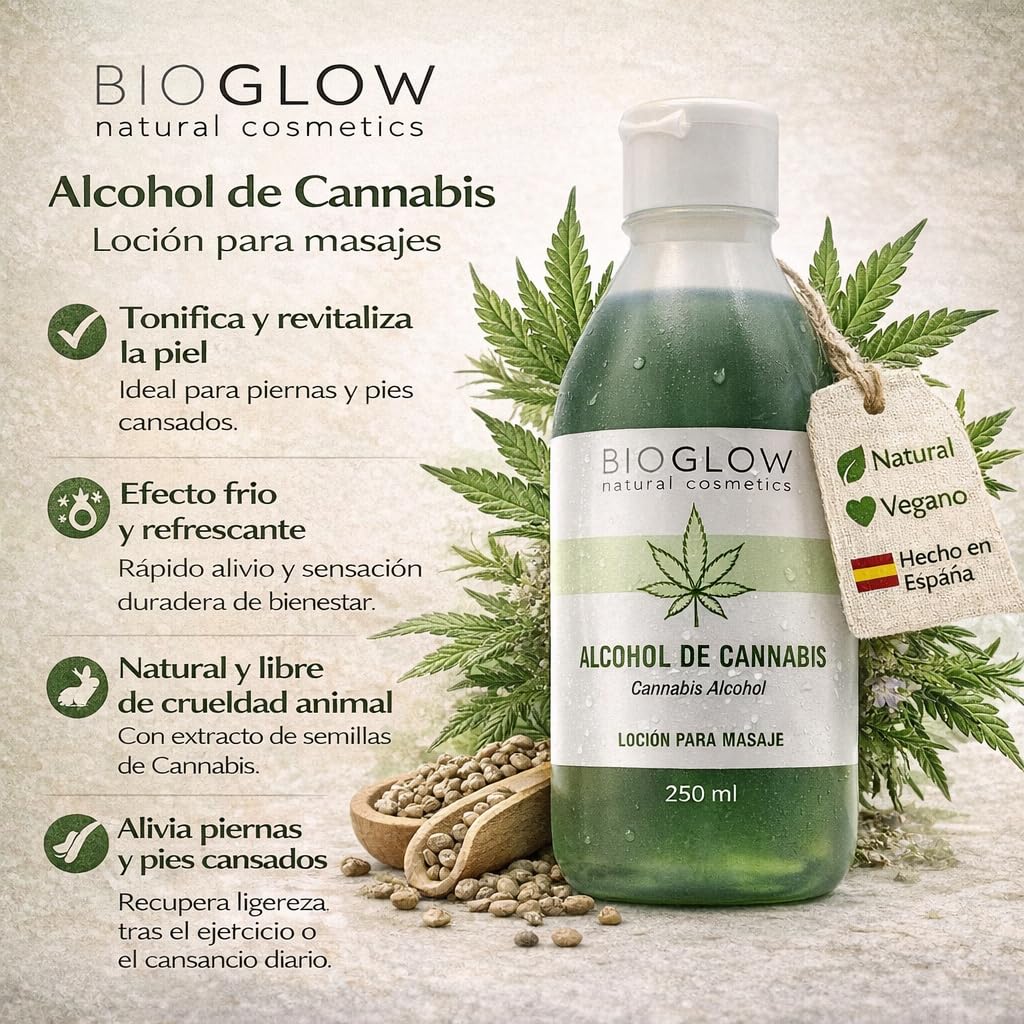 Alcohol de Cannabis Natural 250 ml – Tónico Corporal para Masaje Relajante y Calmante Muscular, Estimula la Circulación, Efecto Refrescante, Ideal para Piernas y Pies Cansados, Uso Diario