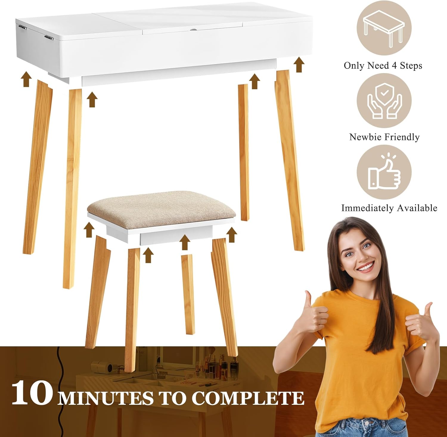 Makeup Vanity Desk with 3-Color Lighted Flip Top Mirror, Easier Assembly, 6 Storage Compartments, USB Port, Dressing Table Set Writing Desk with Cushioned Stool, Flip Up Vanity, White 1