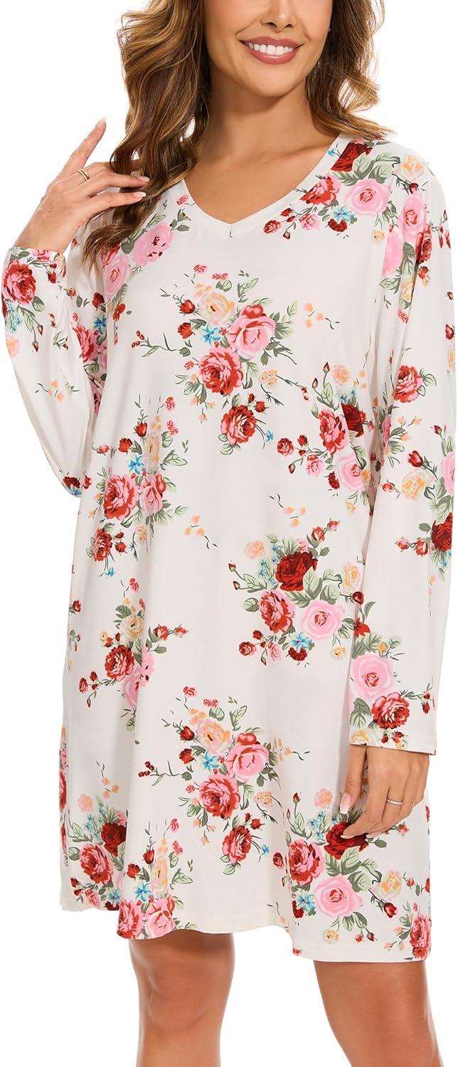 2 Pack Long Sleeve Nightgowns for Women Soft Cotton Night Gowns Sleepwear V Neck Nightshirts - Image 4