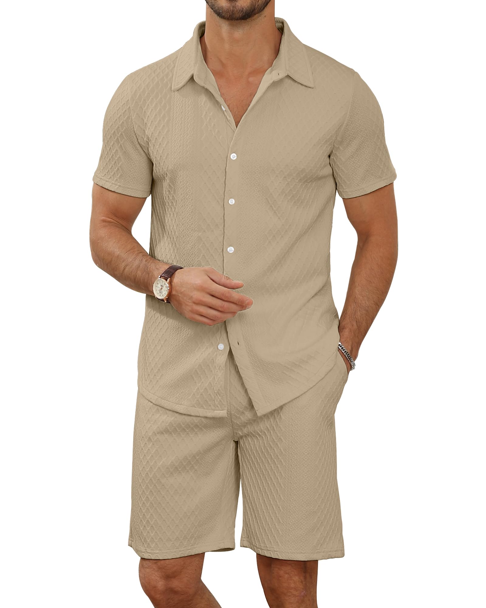 Men's 2 Piece Short Sets Casual Button Down Shirt and Shorts Set Knit Polo Set Vintage Summer Beach Outfits Loose Tracksuits