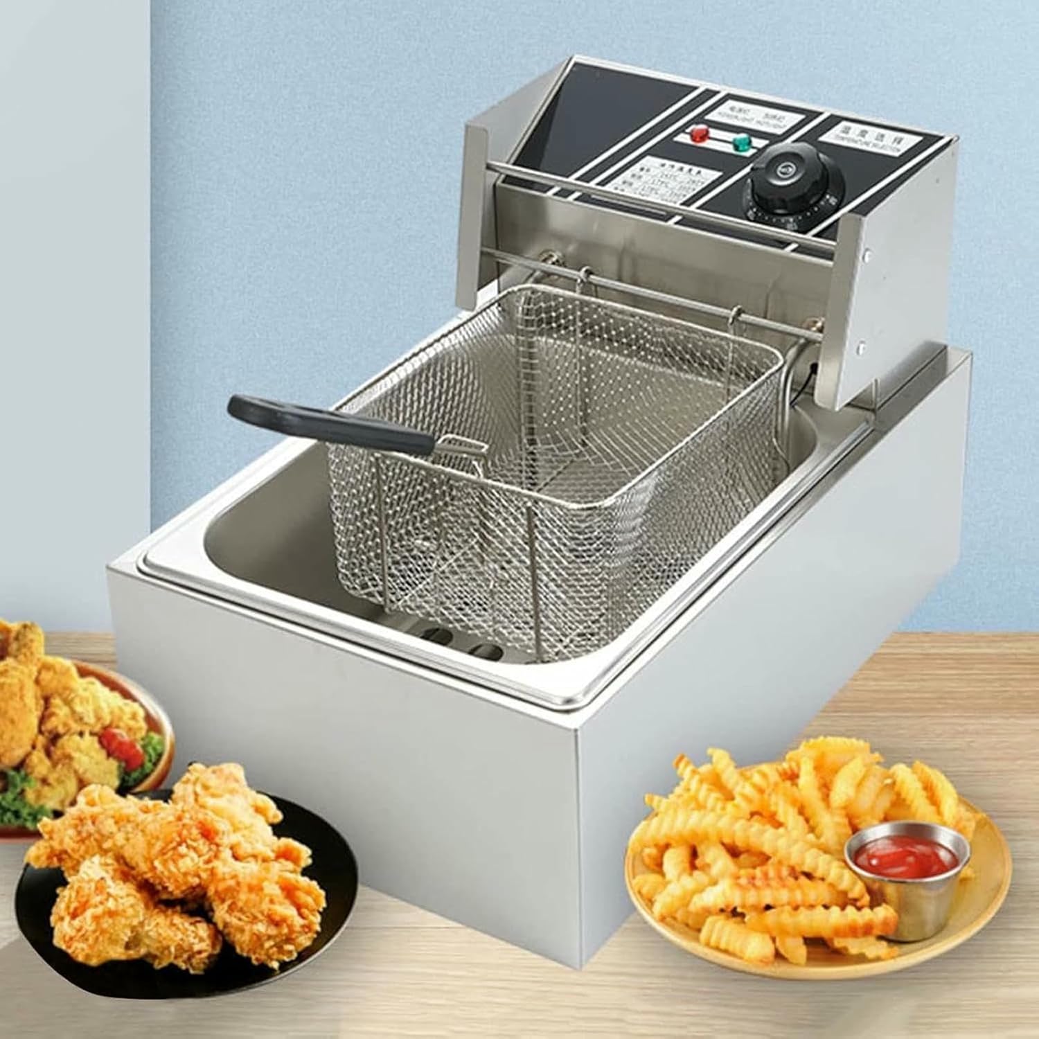 6L Electric Deep Fryer Commercial Stainless Steel Deep Fryers with Baskets &Lid, Countertop Kitchen Fat Fryer Frying Machine for French Fries, Donuts