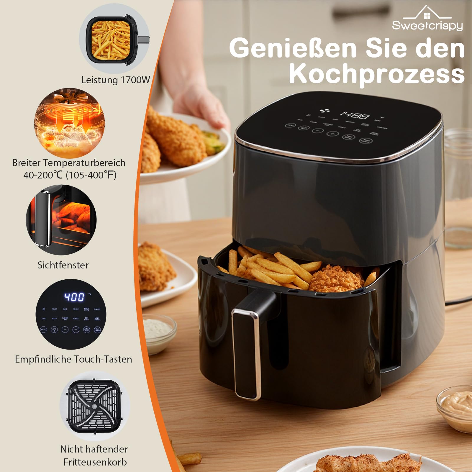 Sweetcrispy Heißluftfritteuse Airfryer 6L mit Sichtfenster, 12-in-1 Funktionen & Touchscreen Air Fryer, Gesundes Fettfrei Kochen, Antihaftkorb, Spülmaschinenfeste Körbe, Für 3-6 Personen, Grau